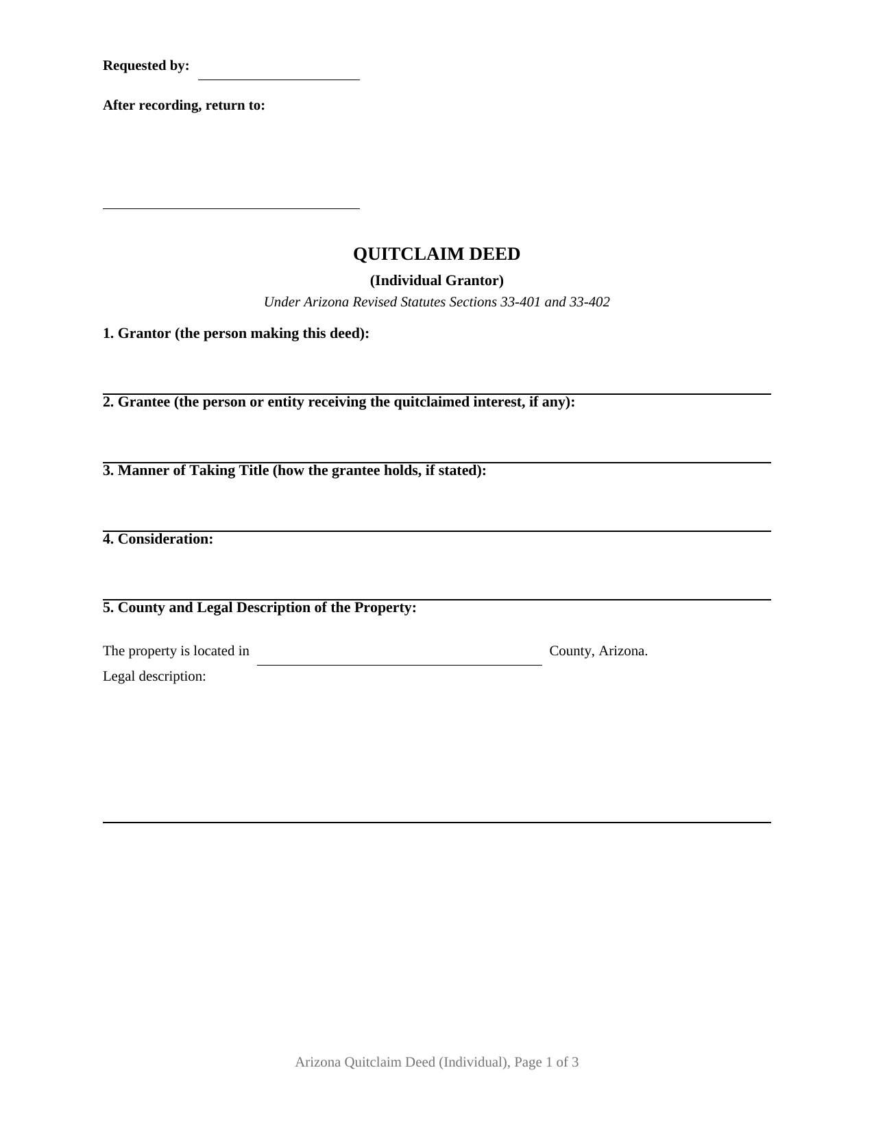 Navajo County Quitclaim Deed (Individual Grantor) Form