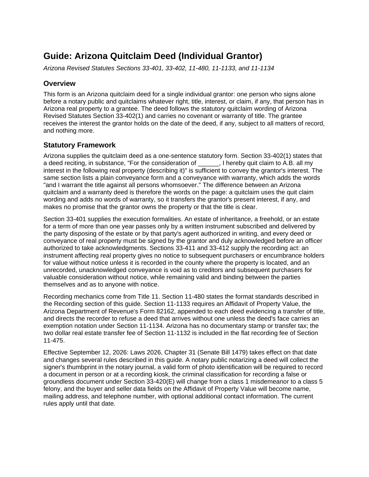Navajo County Quitclaim Deed (Individual Grantor) Guide