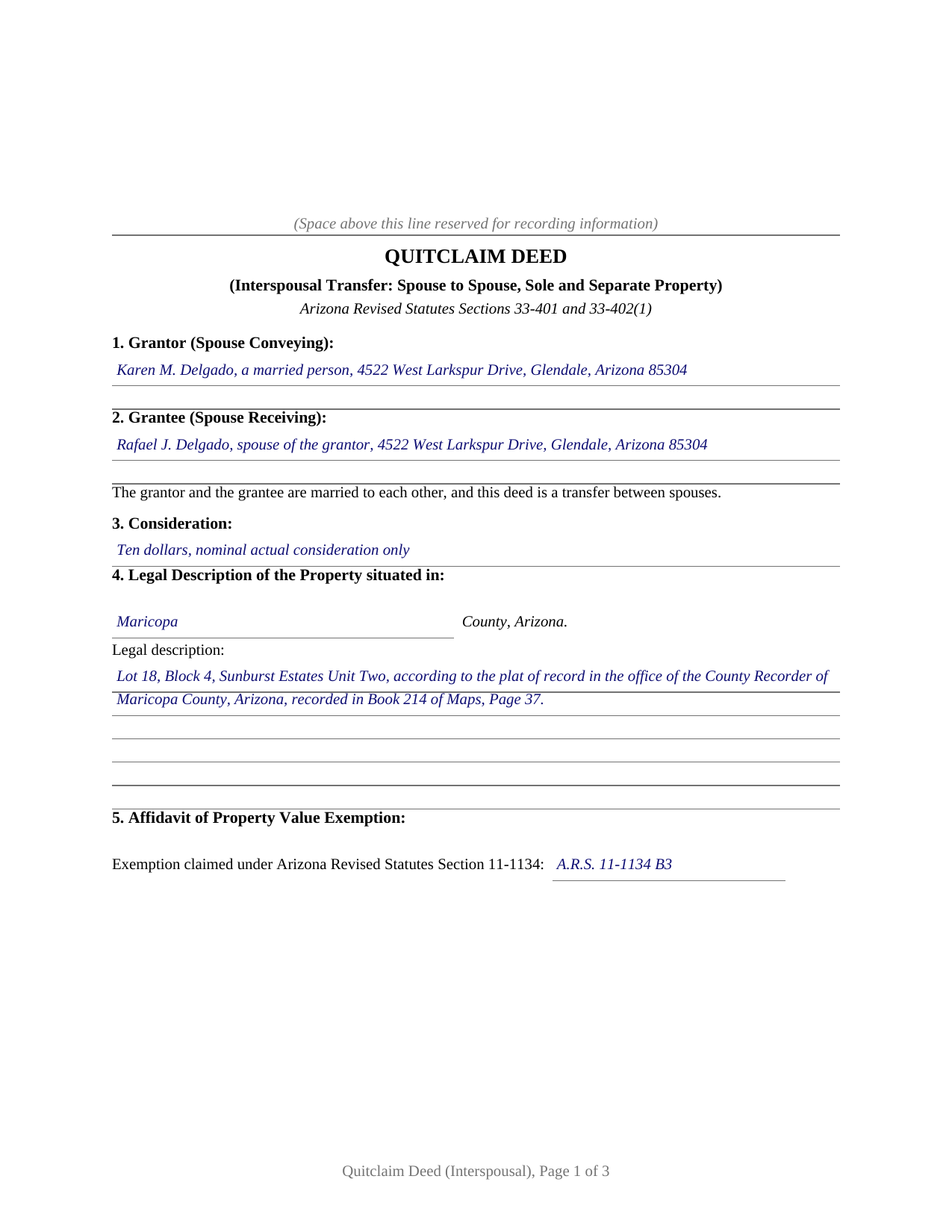 Yuma County Completed Example of the Quitclaim Deed (Interspousal) Document