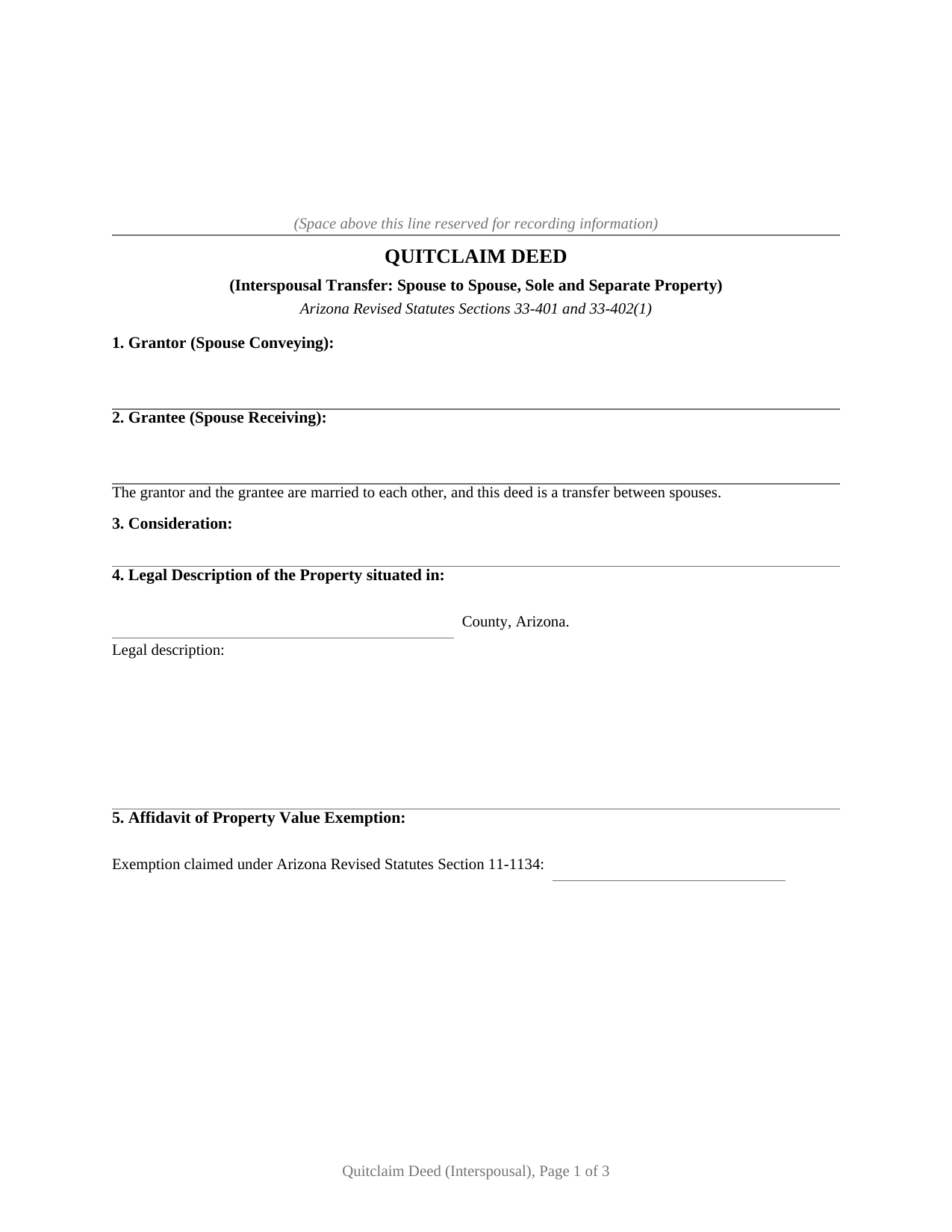 Yuma County Quitclaim Deed (Interspousal) Form