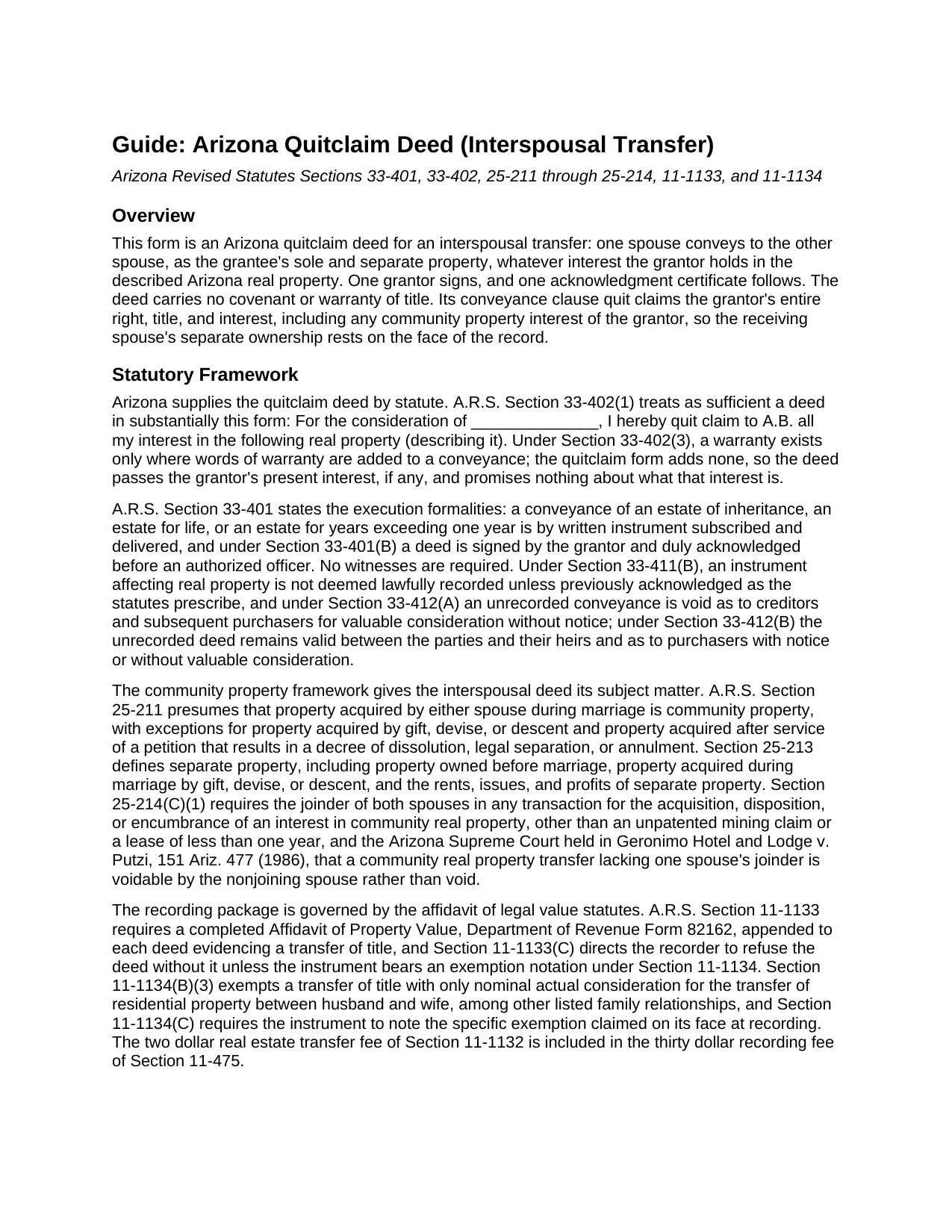 Yuma County Quitclaim Deed (Interspousal) Guide