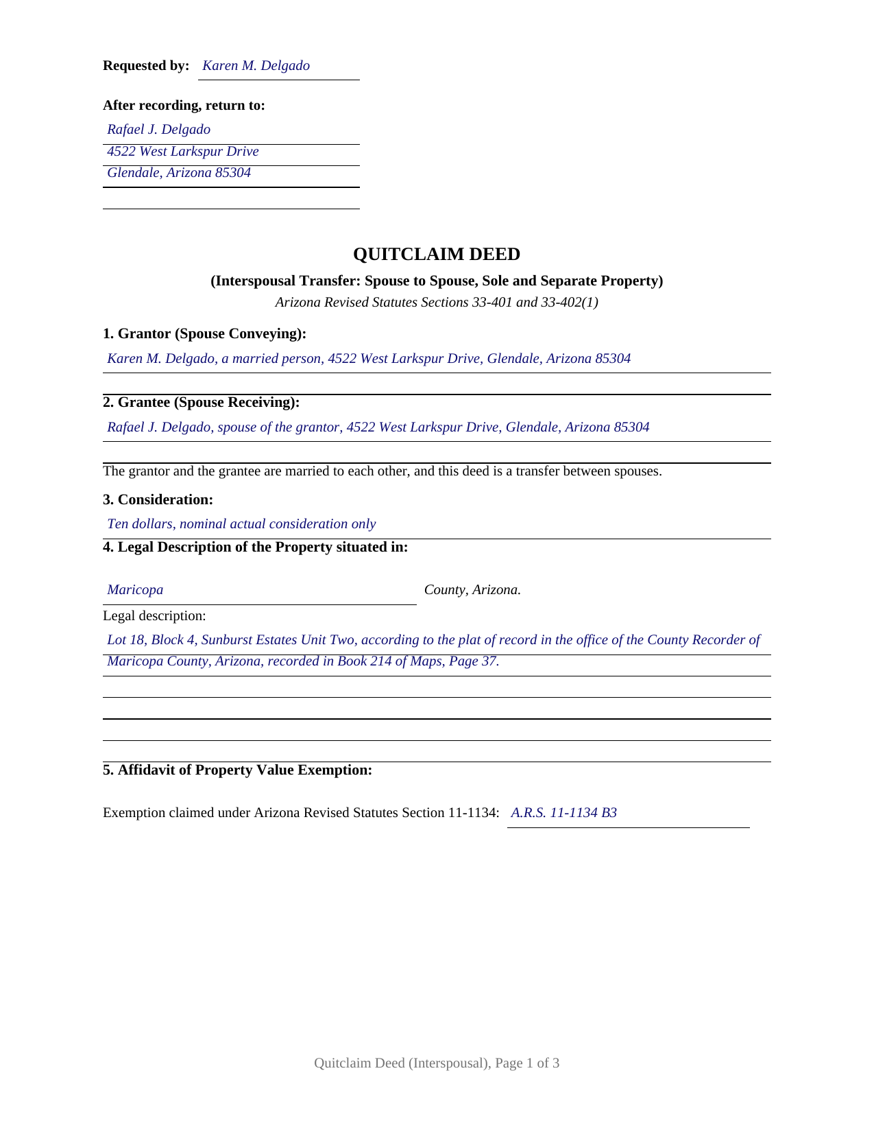 Pima County Completed Example of the Quitclaim Deed (Interspousal) Document
