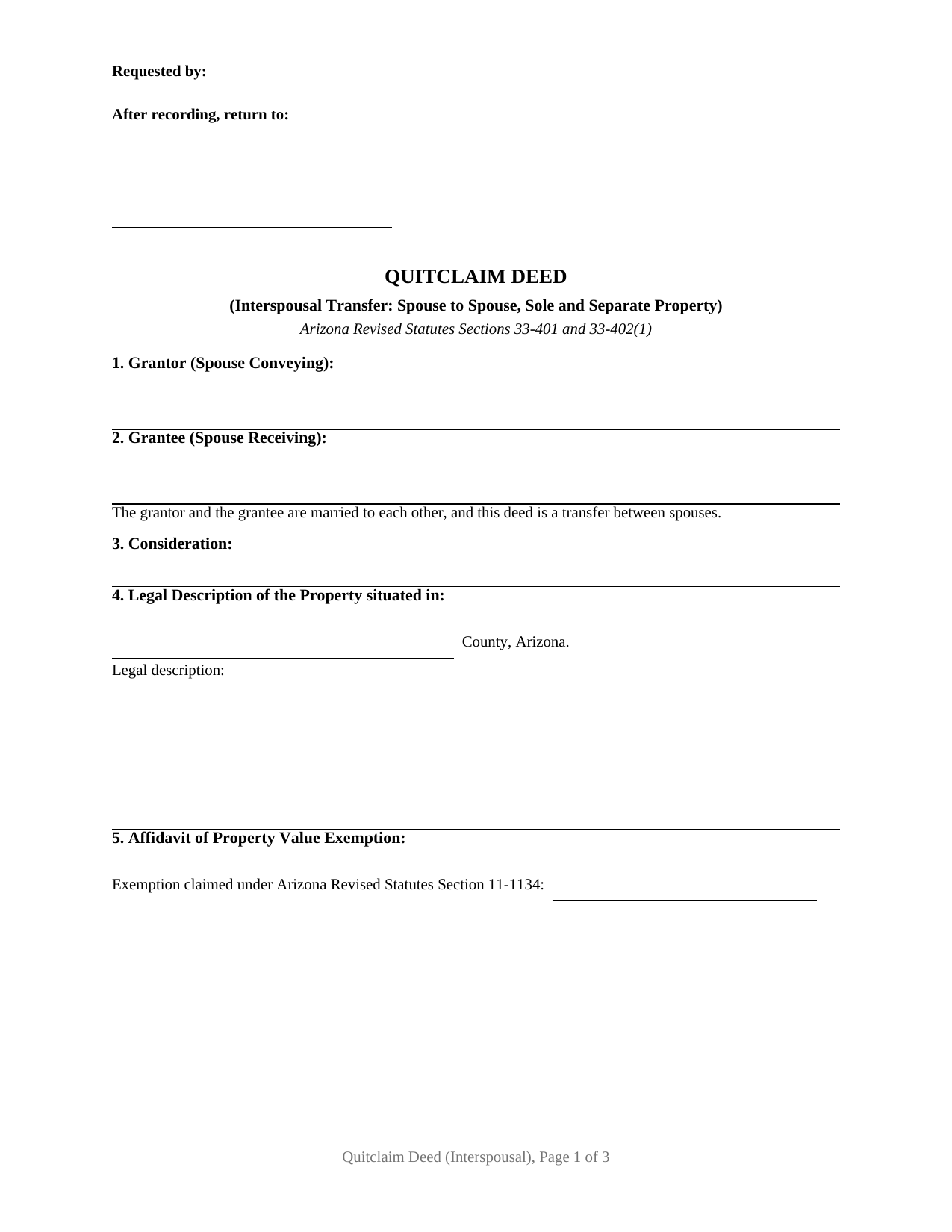 Pima County Quitclaim Deed (Interspousal) Form