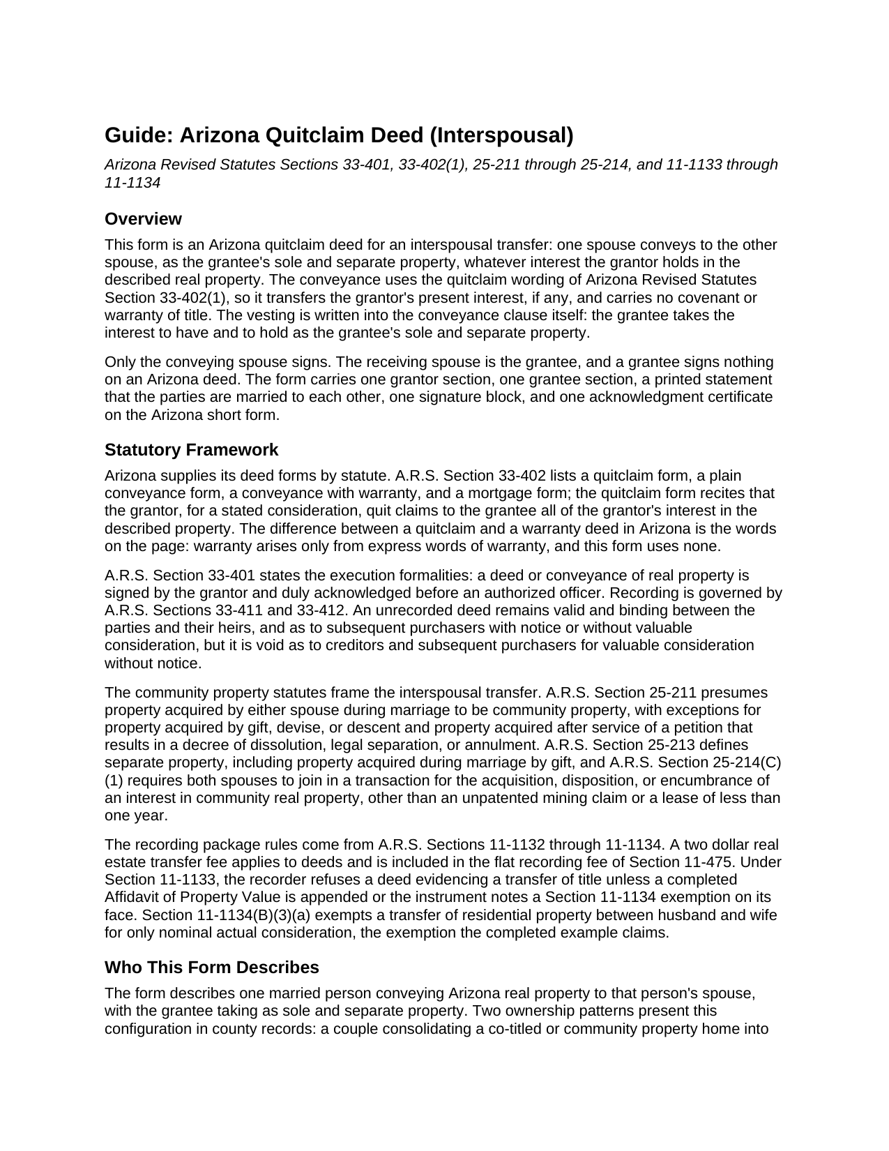 Pima County Quitclaim Deed (Interspousal) Guide