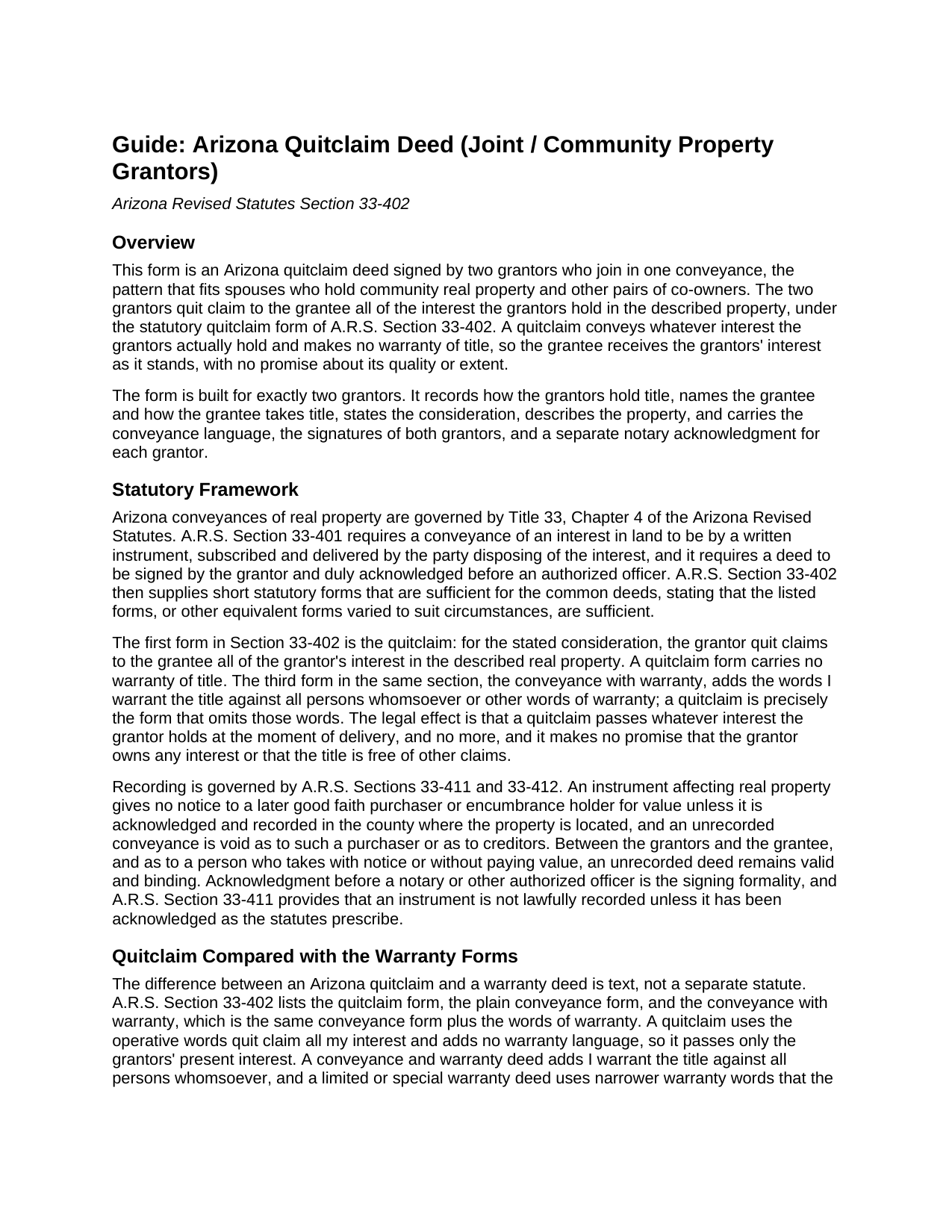 Apache County Quitclaim Deed (Joint and Community Property Grantors) Guide