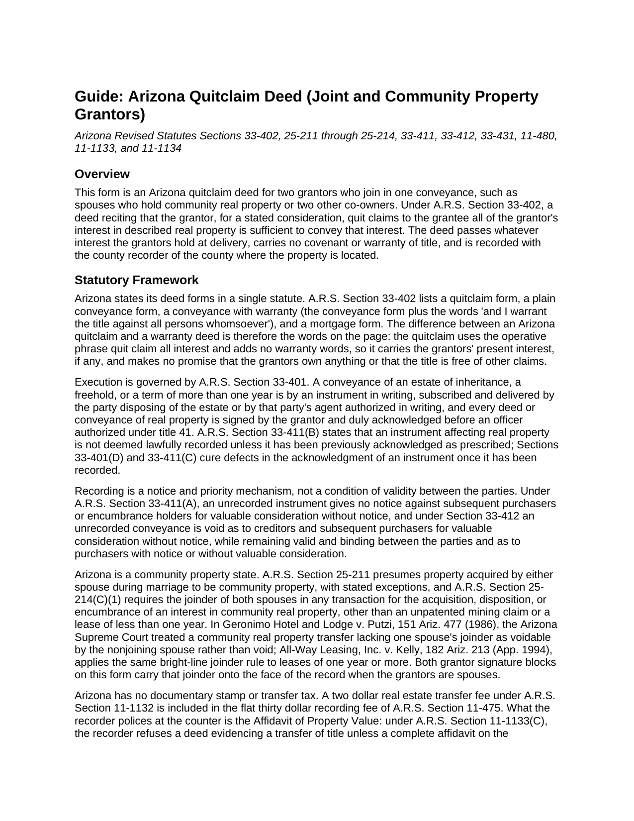 Apache County Quitclaim Deed (Joint and Community Property Grantors) Guide