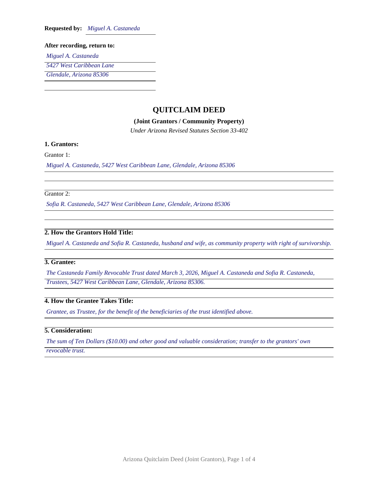 Apache County Completed Example of the Quitclaim Deed (Joint and Community Property Grantors) Document