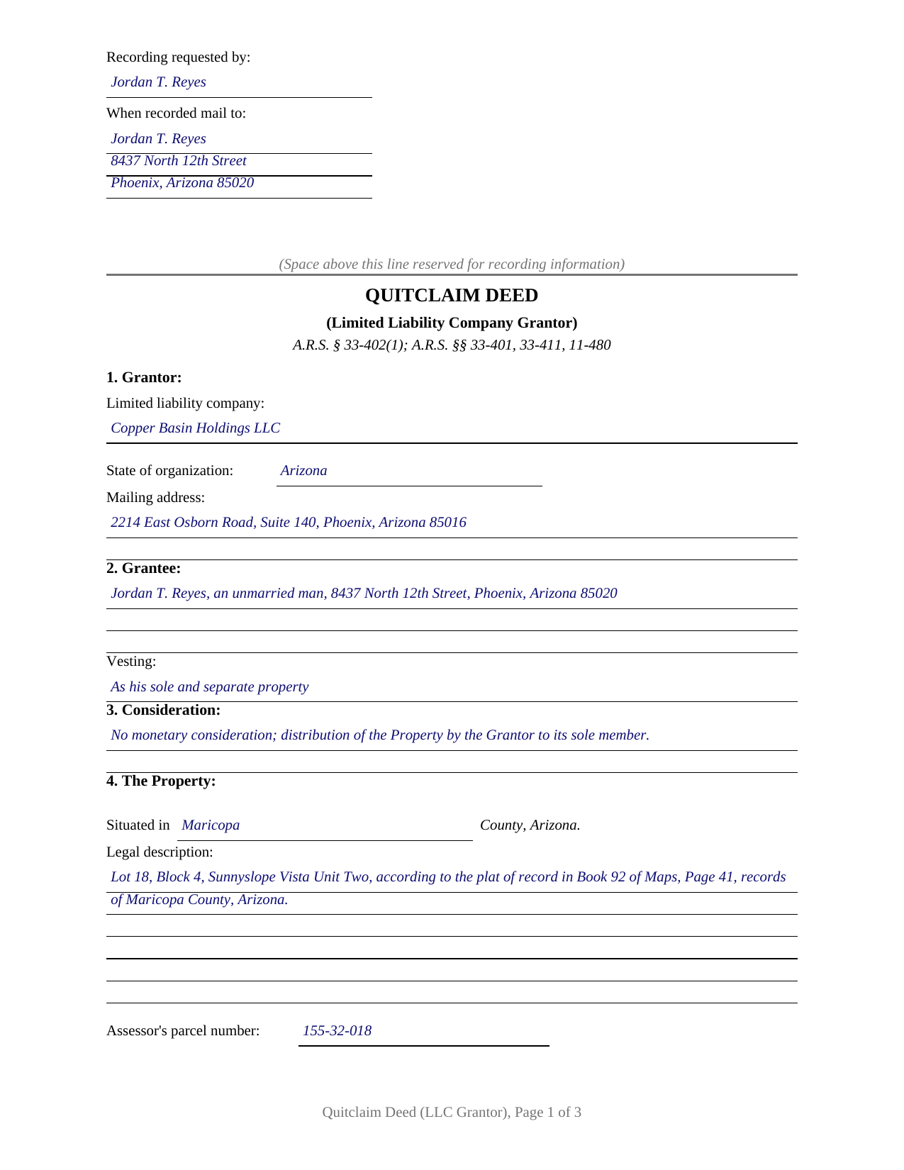 Yuma County Completed Example of the Quitclaim Deed (LLC Grantor) Document