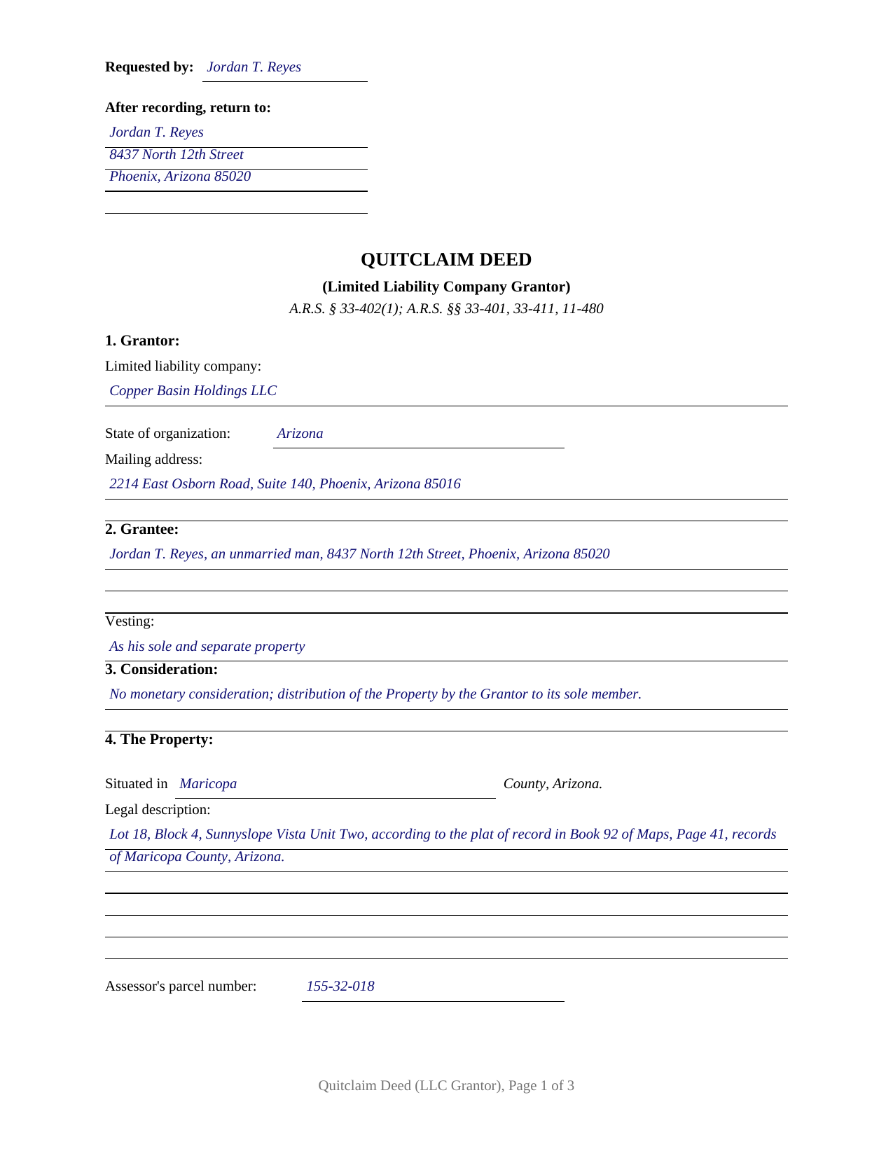 Navajo County Completed Example of the Quitclaim Deed (LLC Grantor) Document
