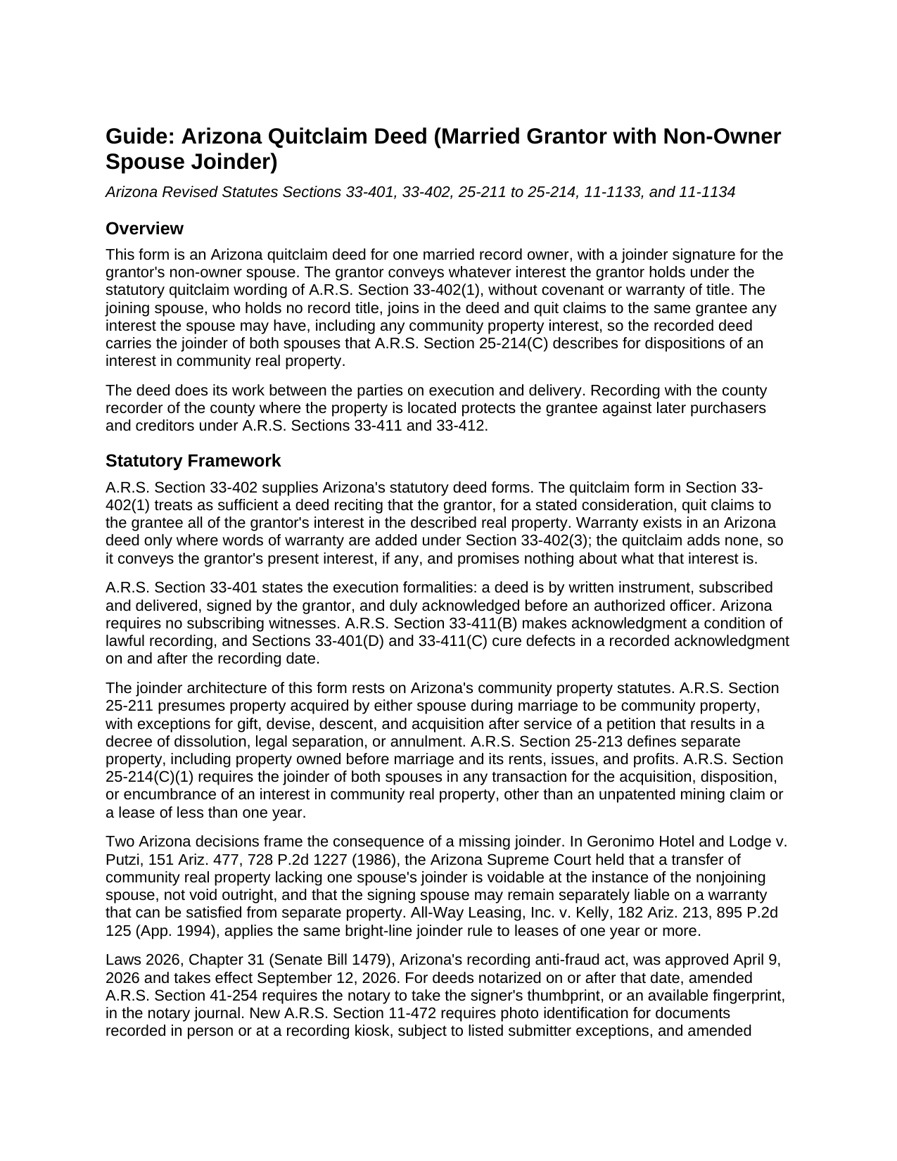Yuma County Quitclaim Deed (Married Grantor with Non-Owner Spouse Joinder) Guide