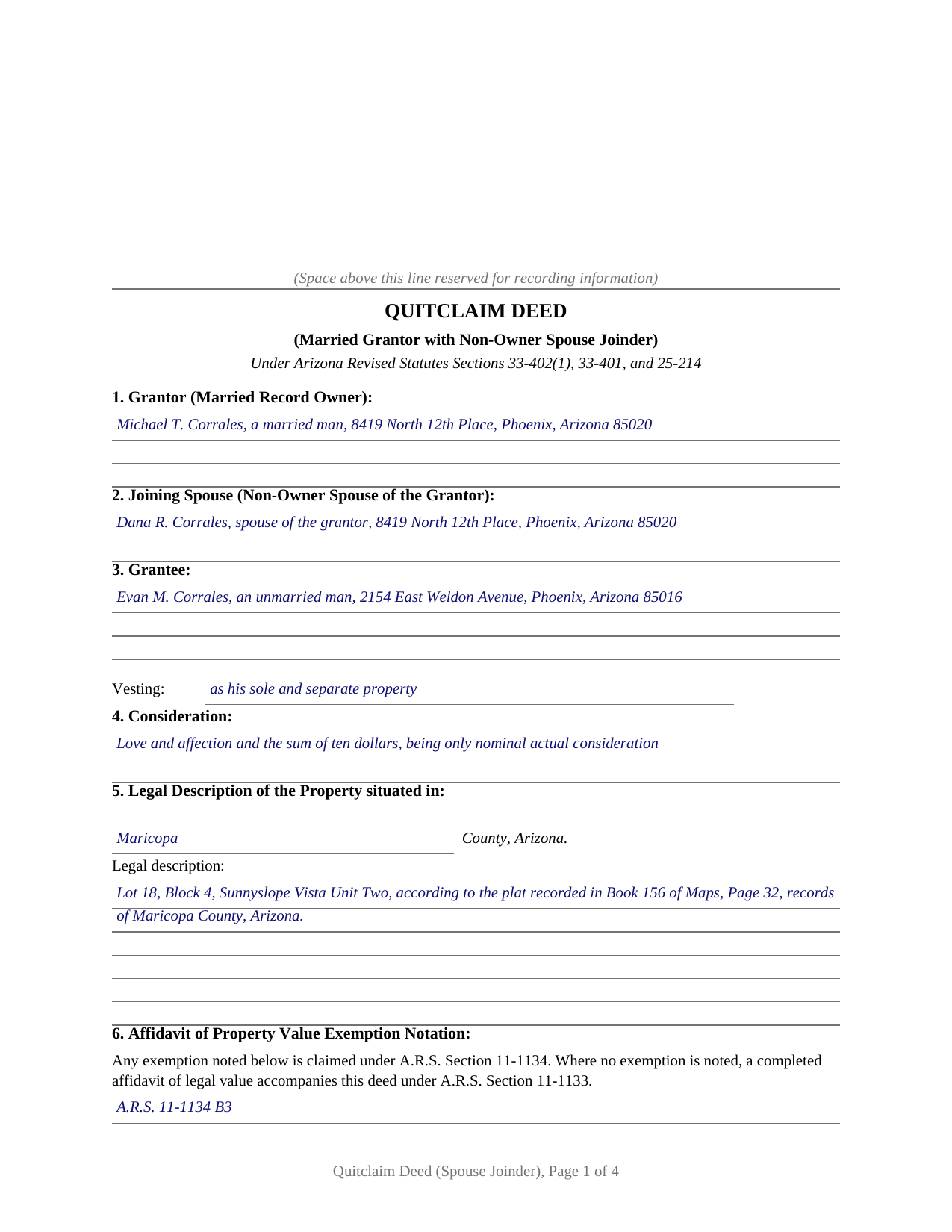 Yuma County Completed Example of the Quitclaim Deed (Married Grantor with Non-Owner Spouse Joinder) Document