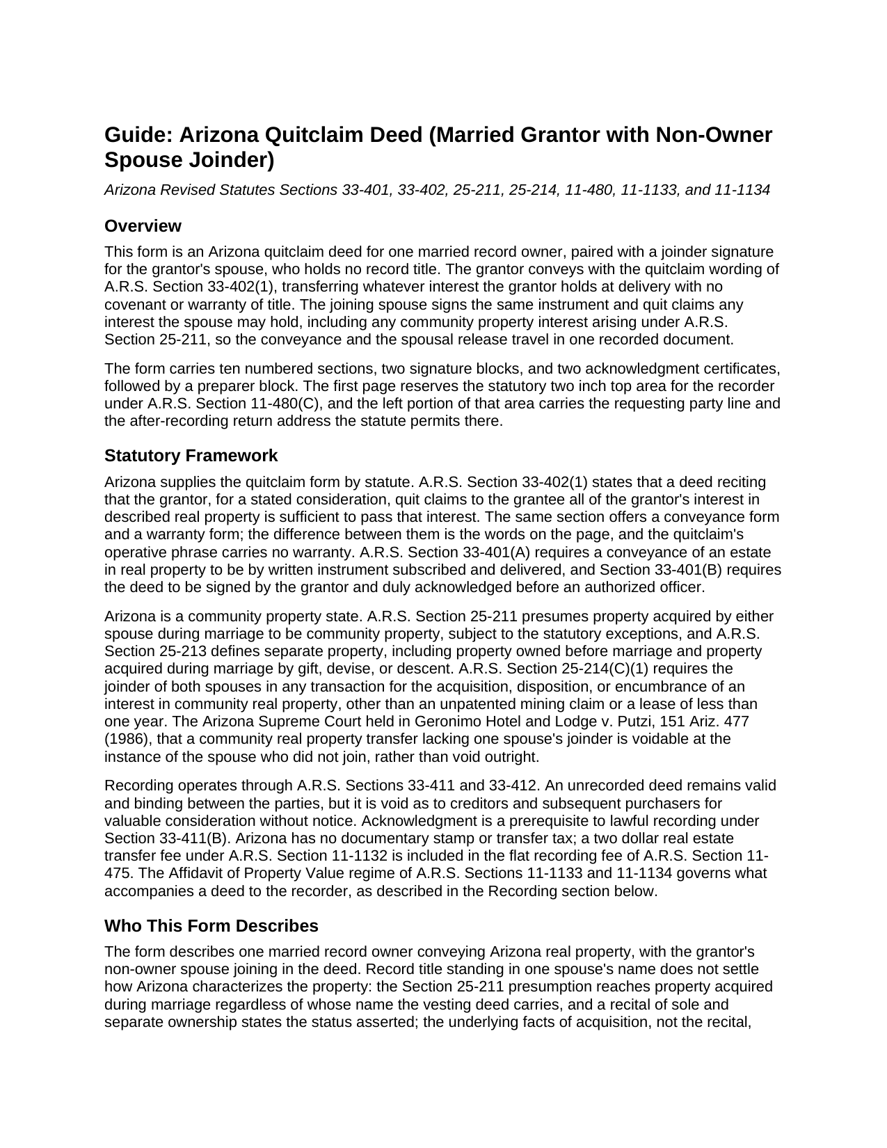 Apache County Quitclaim Deed (Married Grantor with Non-Owner Spouse Joinder) Guide
