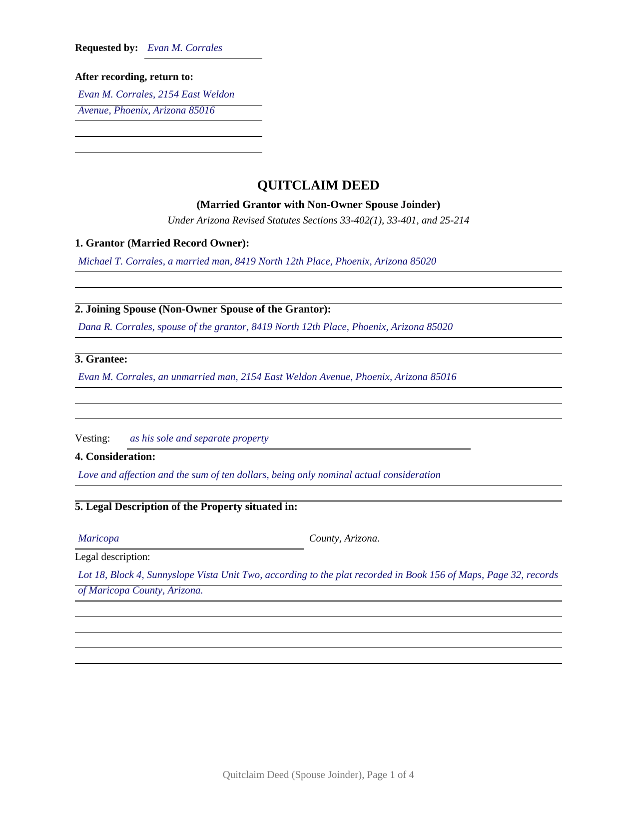 Apache County Completed Example of the Quitclaim Deed (Married Grantor with Non-Owner Spouse Joinder) Document