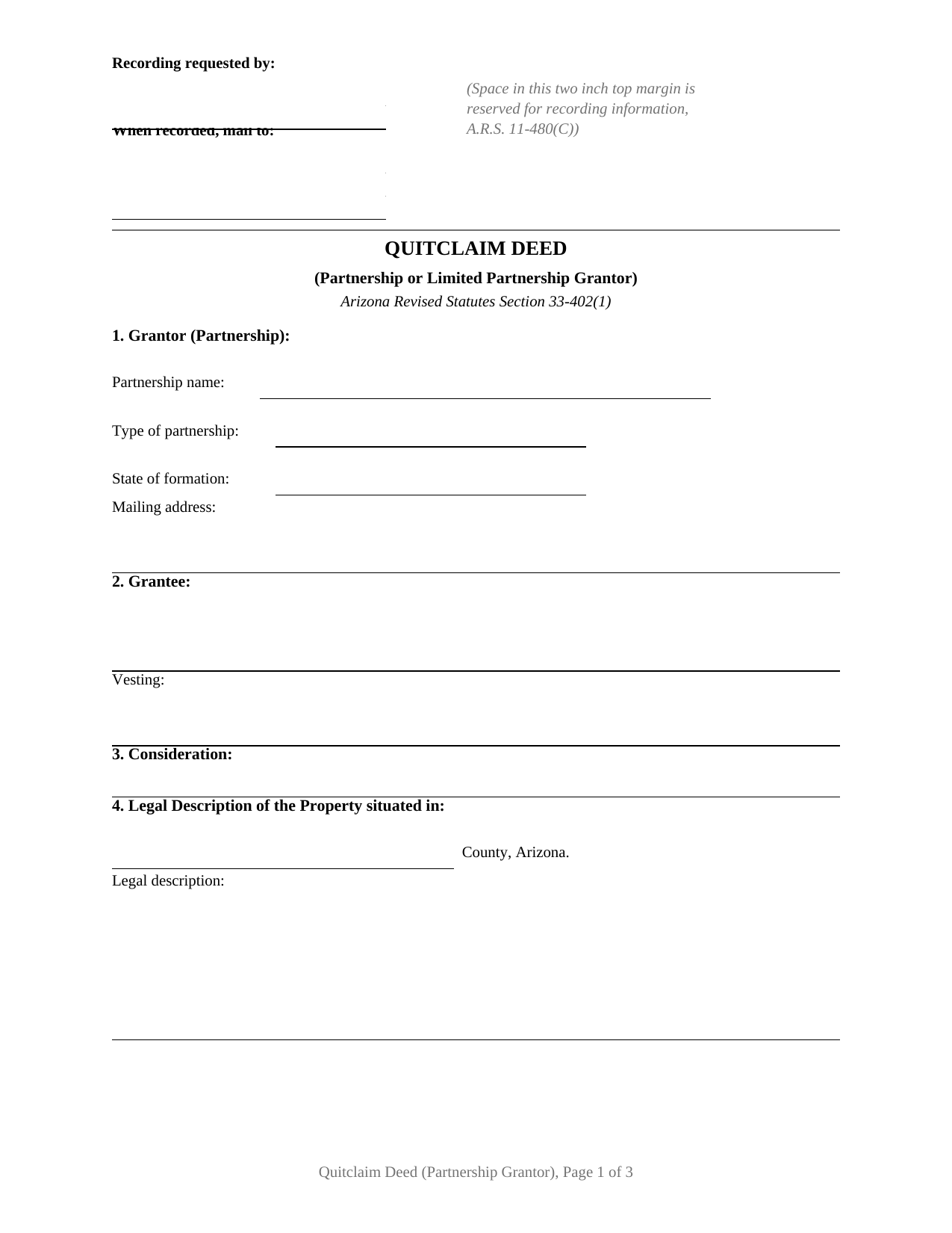 Gila County Quitclaim Deed (Partnership or Limited Partnership Grantor) Form