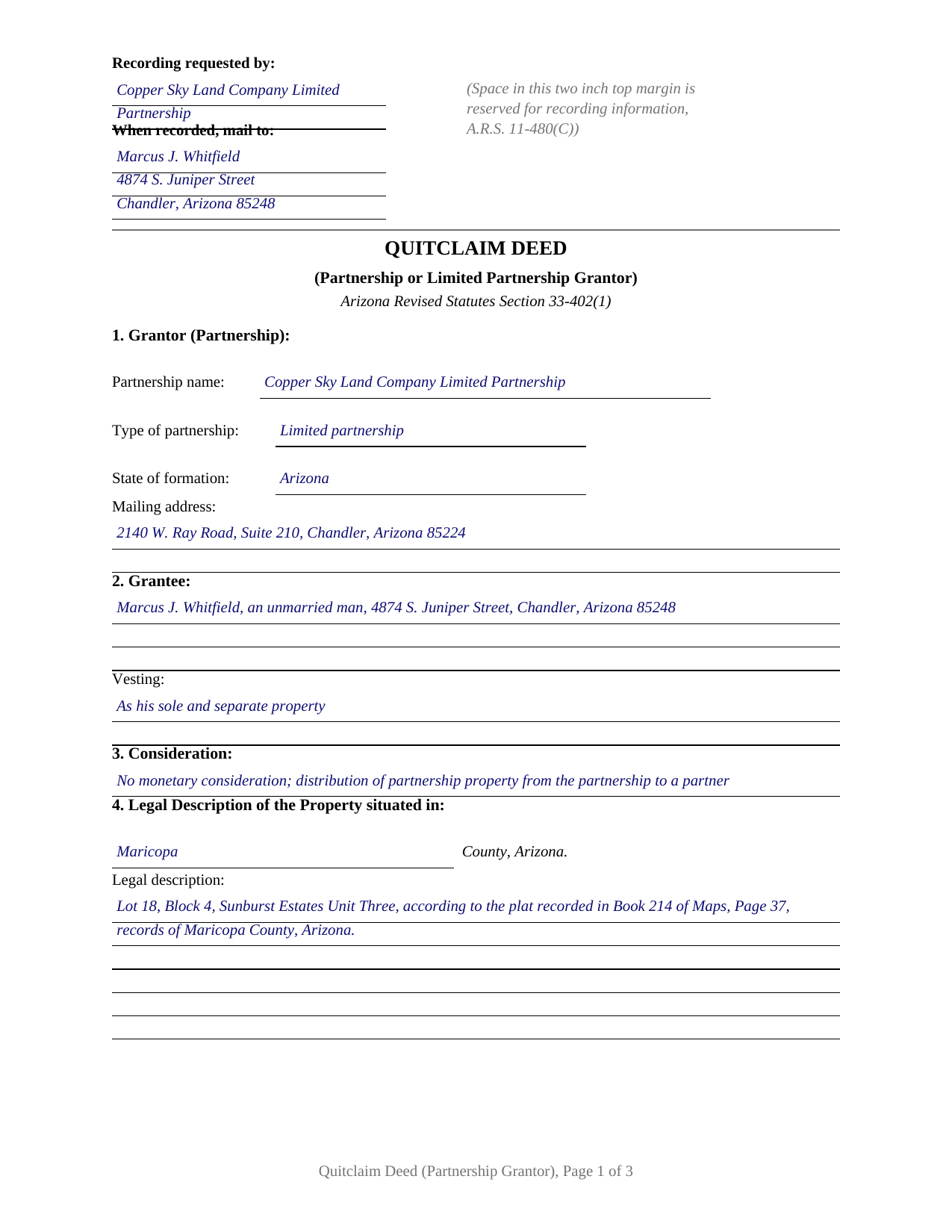 Gila County Completed Example of the Quitclaim Deed (Partnership or Limited Partnership Grantor) Document