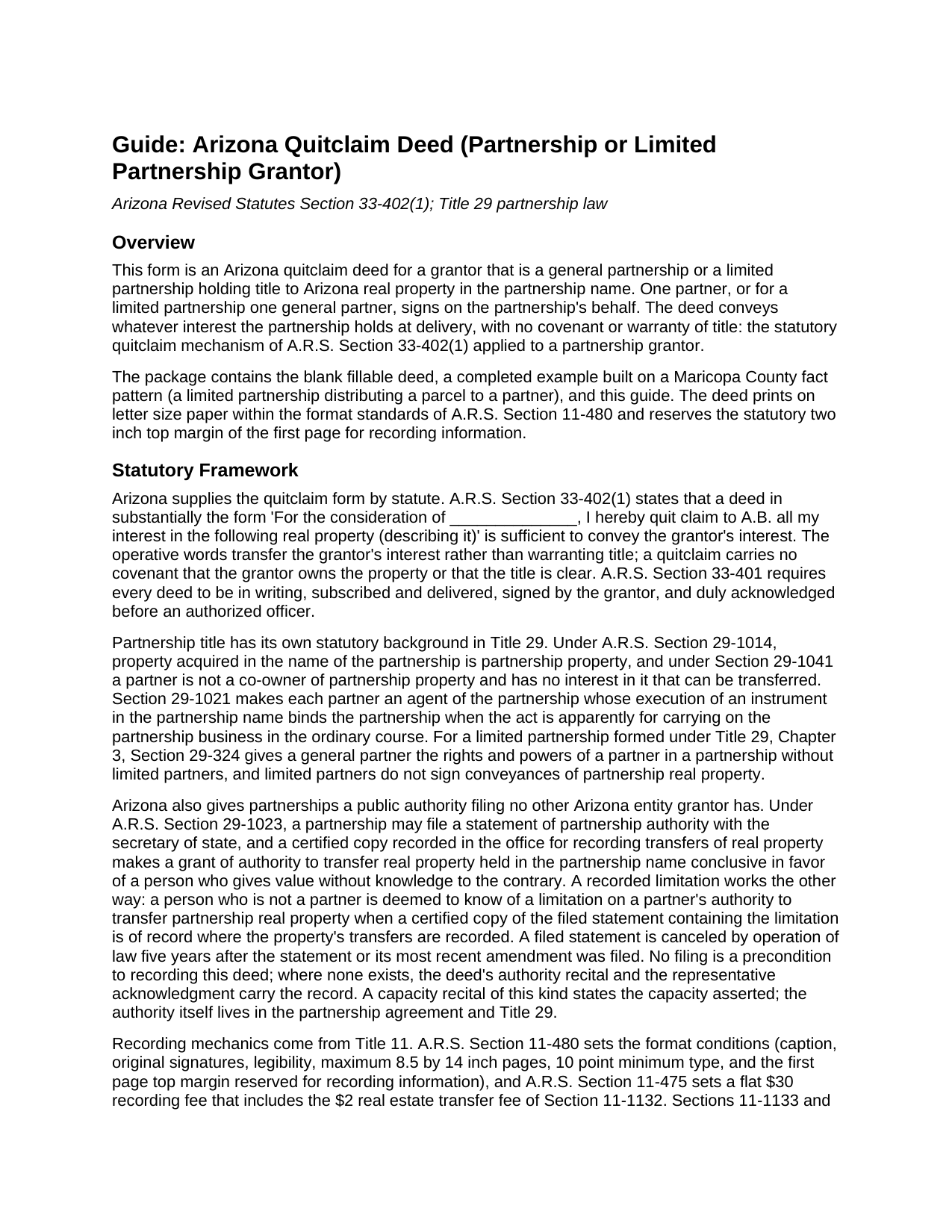 Apache County Quitclaim Deed (Partnership or Limited Partnership Grantor) Guide