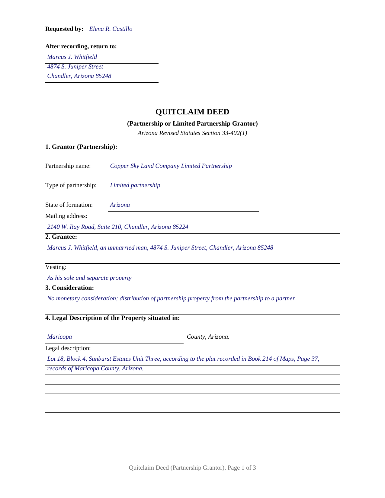 Apache County Completed Example of the Quitclaim Deed (Partnership or Limited Partnership Grantor) Document