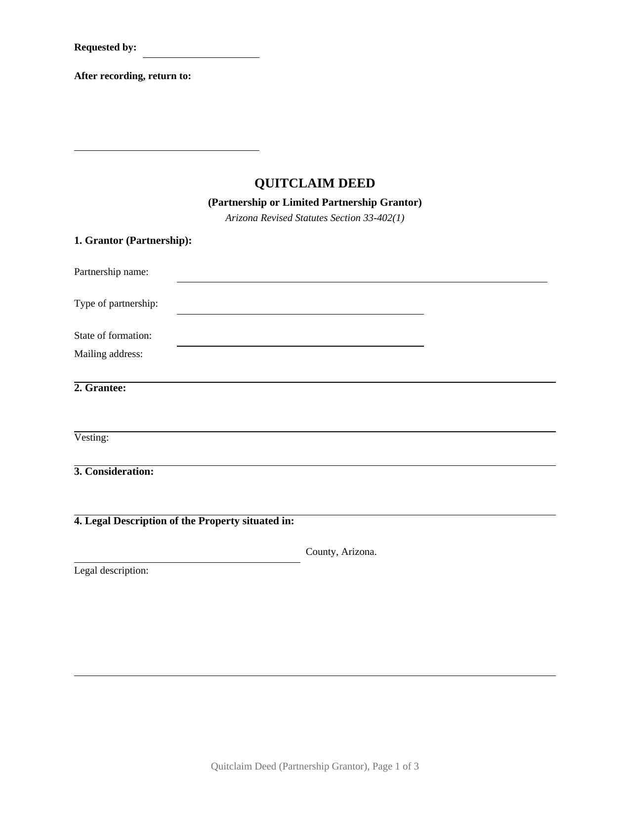 Apache County Quitclaim Deed (Partnership or Limited Partnership Grantor) Form
