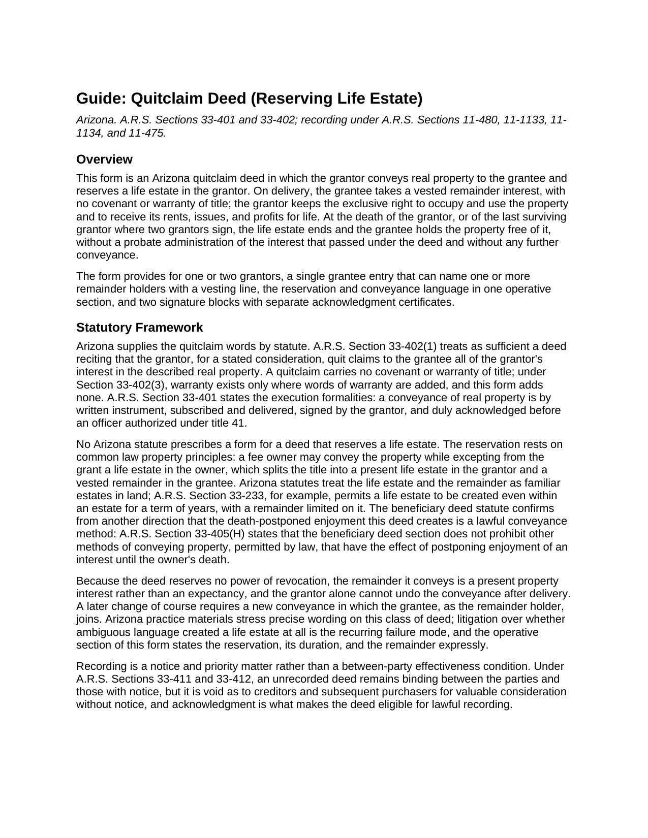 Gila County Quitclaim Deed (Reserving Life Estate) Guide