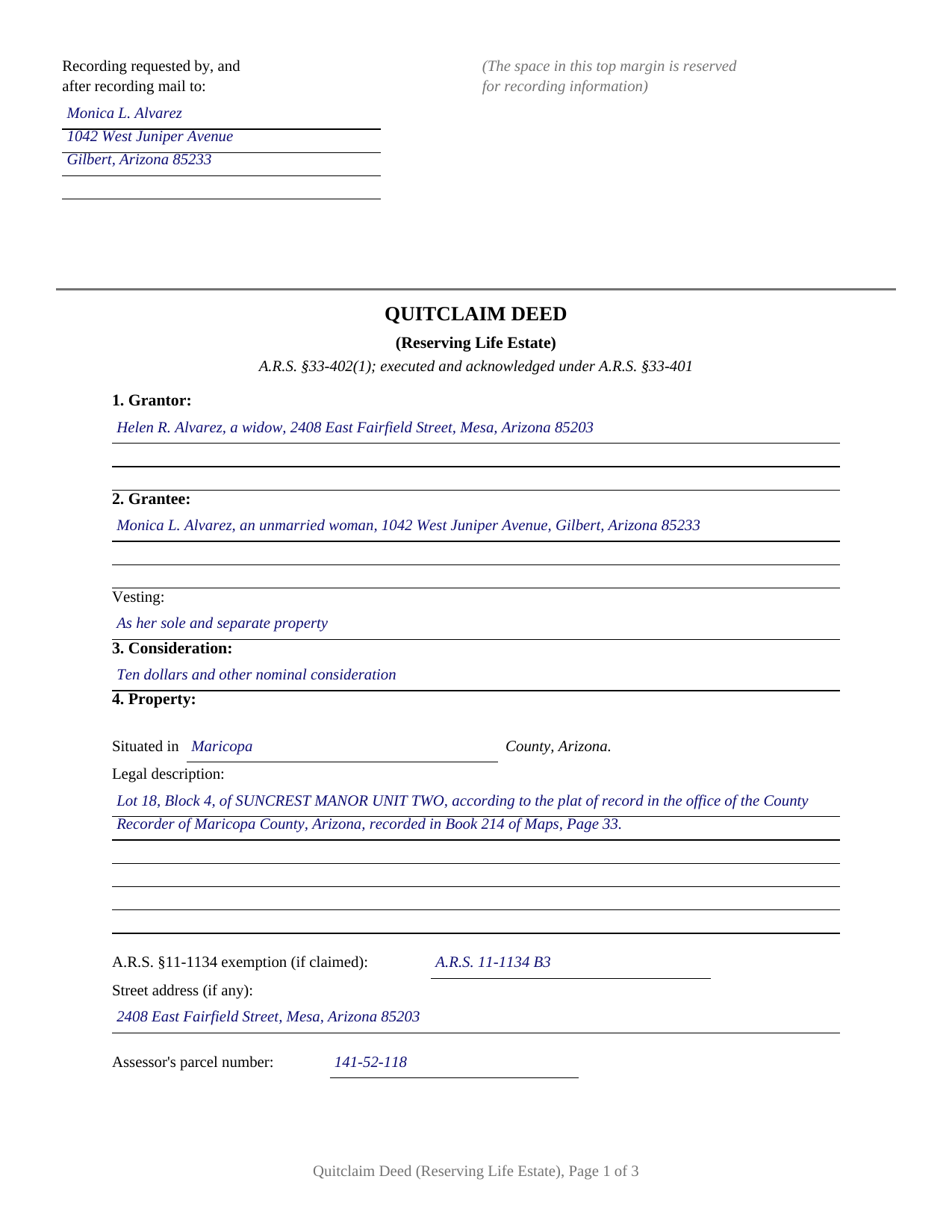 Gila County Completed Example of the Quitclaim Deed (Reserving Life Estate) Document