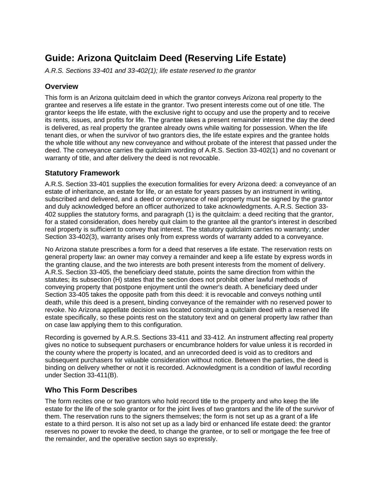 Yuma County Quitclaim Deed (Reserving Life Estate) Guide