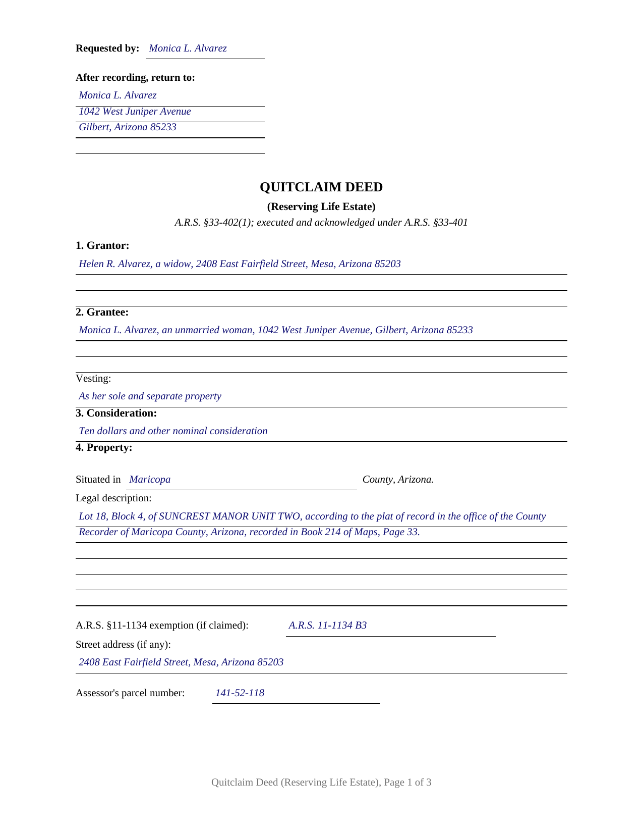 Yuma County Completed Example of the Quitclaim Deed (Reserving Life Estate) Document