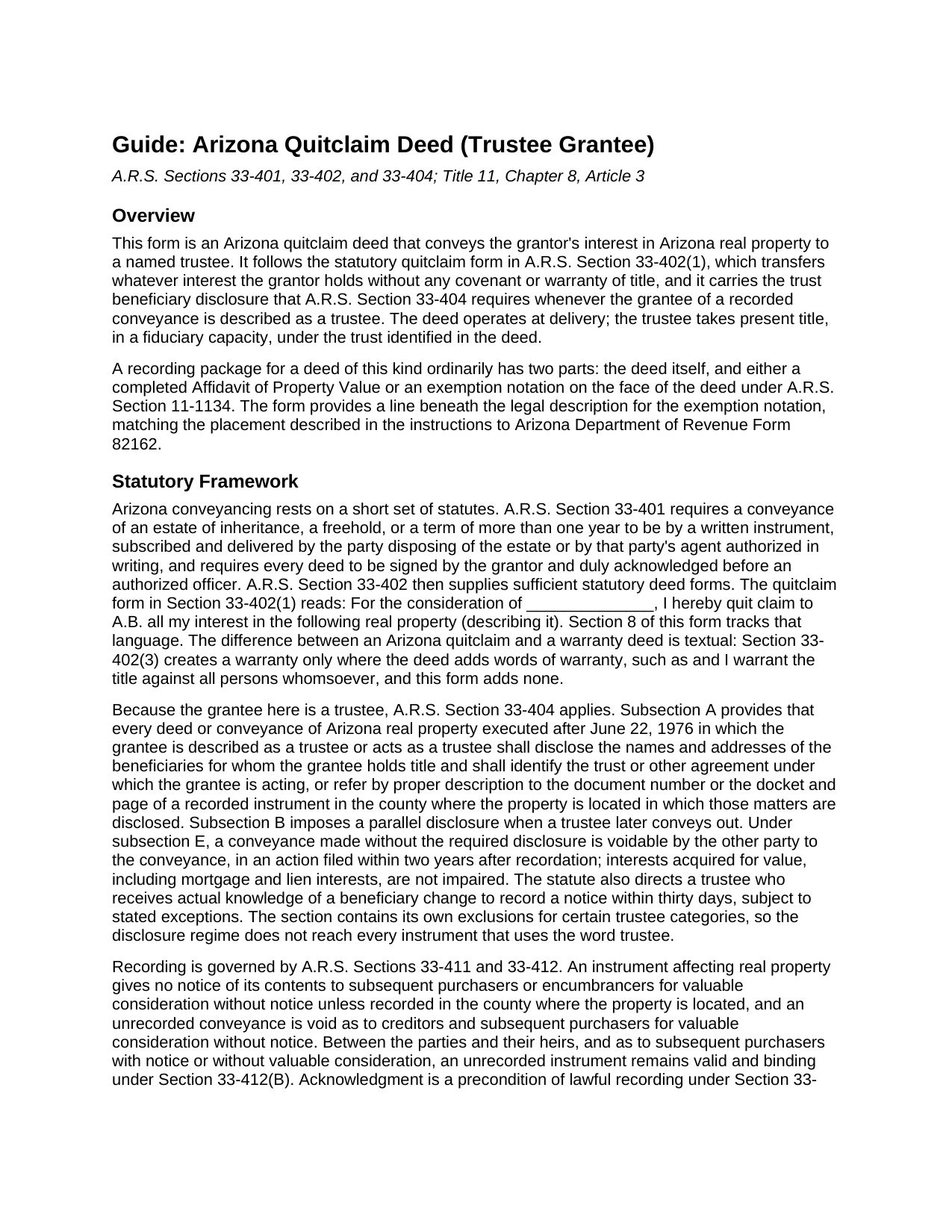 Yavapai County Quitclaim Deed (Trustee Grantee) Guide