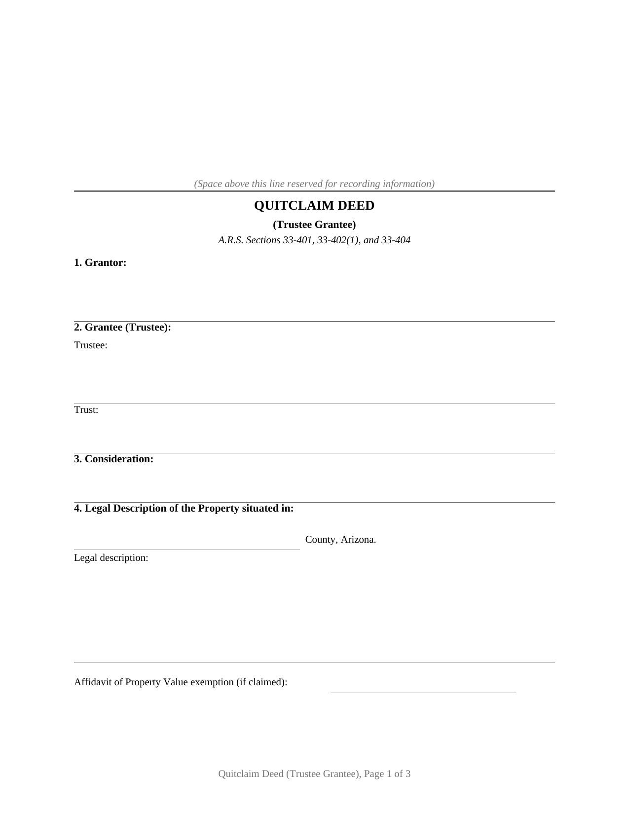 Yavapai County Quitclaim Deed (Trustee Grantee) Form