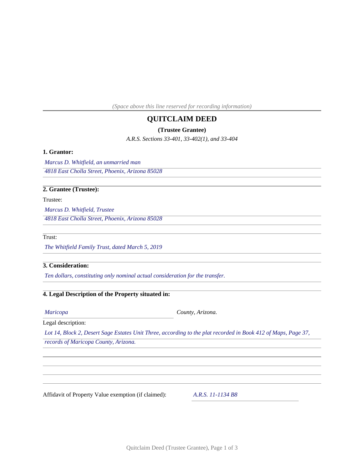Yavapai County Completed Example of the Quitclaim Deed (Trustee Grantee) Document