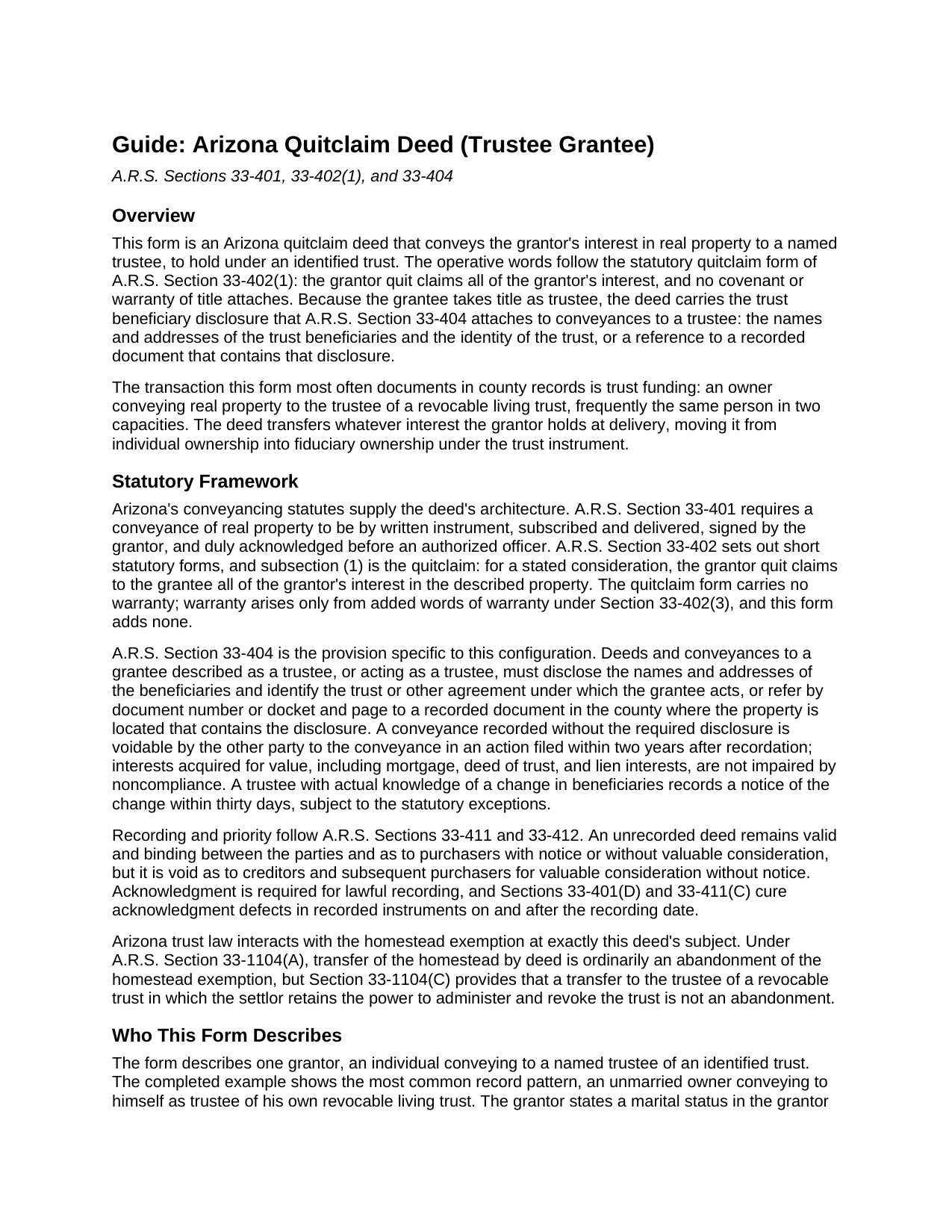 Yavapai County Quitclaim Deed (Trustee Grantee) Guide