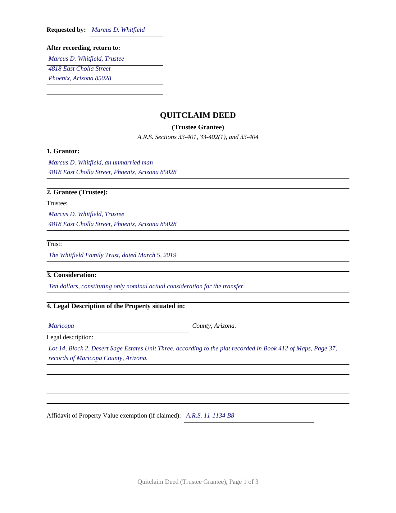 Yavapai County Completed Example of the Quitclaim Deed (Trustee Grantee) Document