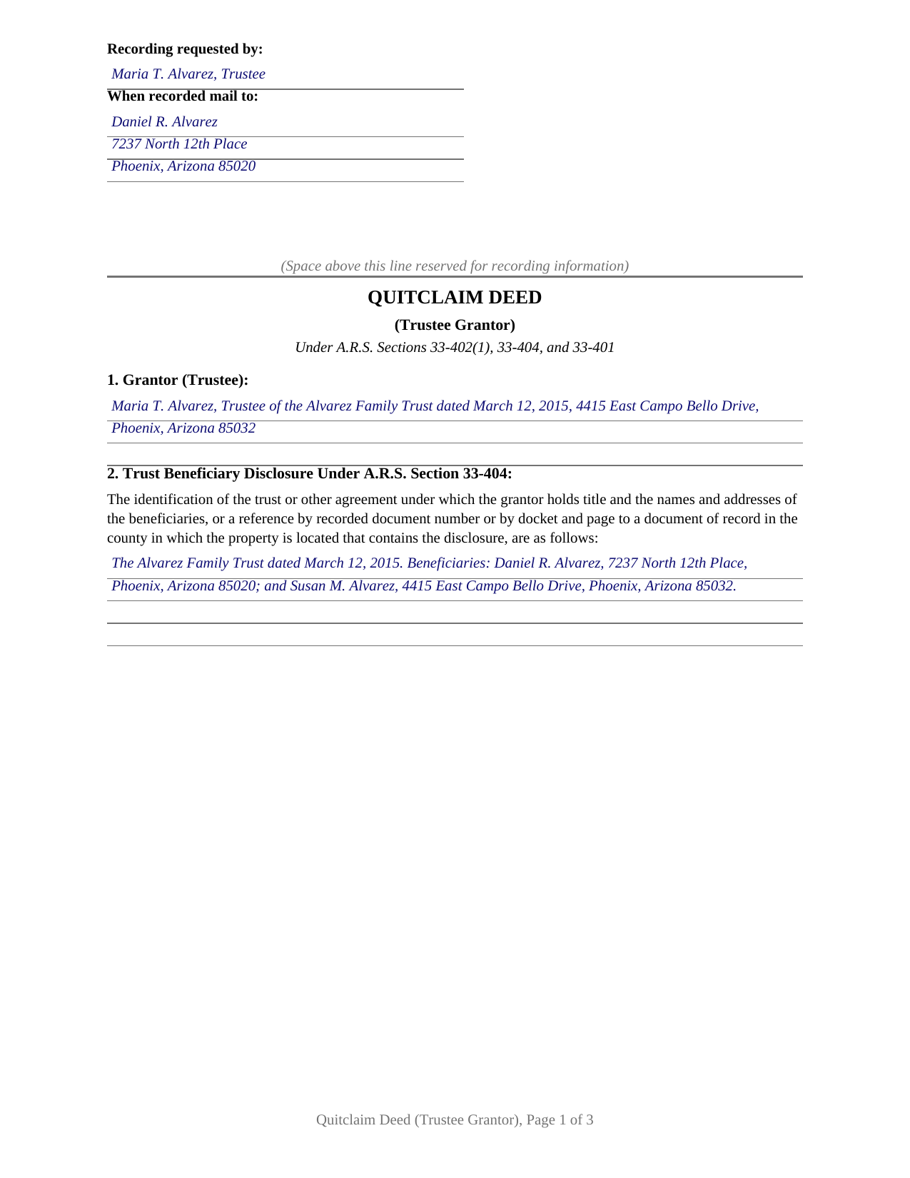 Yavapai County Completed Example of the Quitclaim Deed (Trustee Grantor) Document