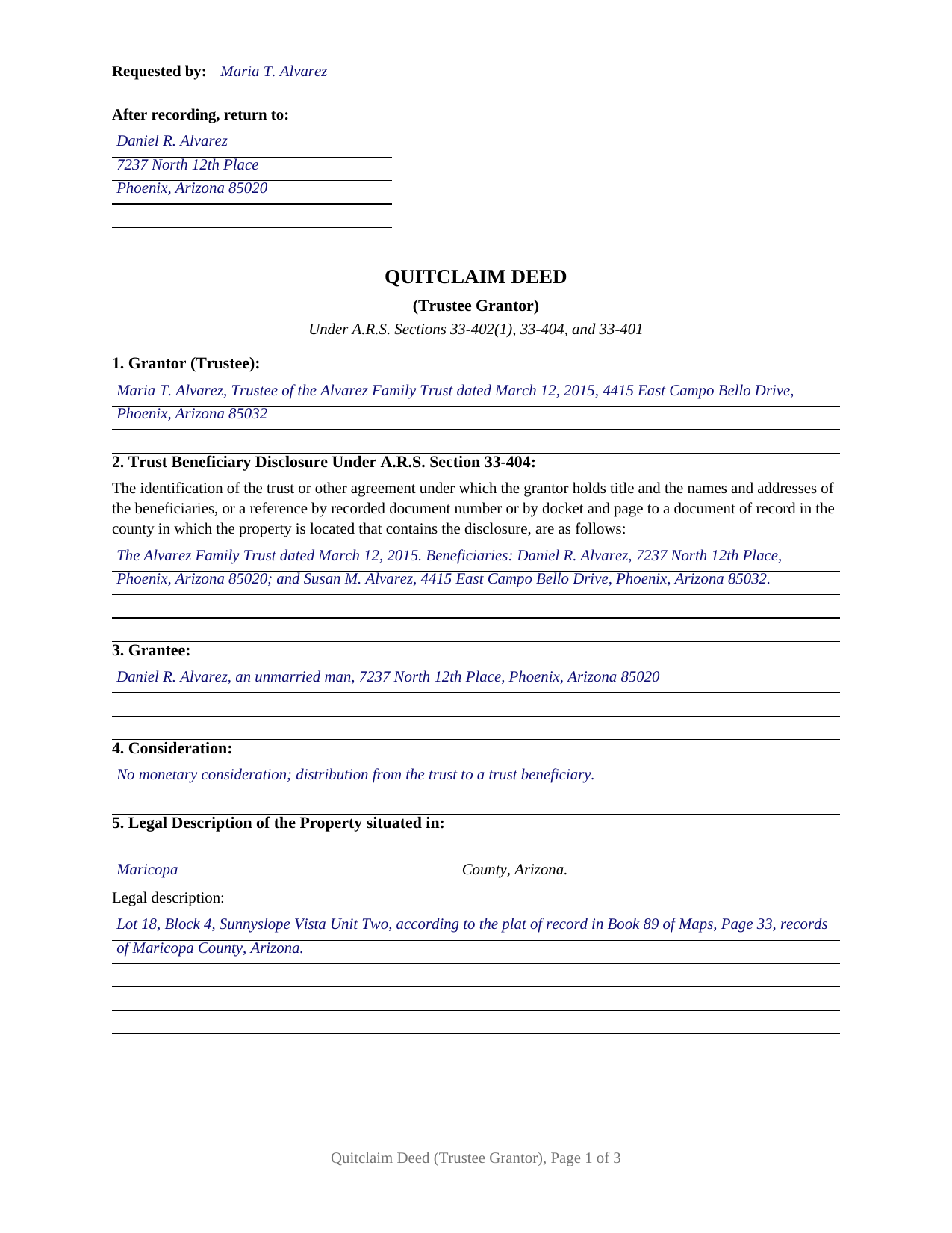 Pima County Completed Example of the Quitclaim Deed (Trustee Grantor) Document