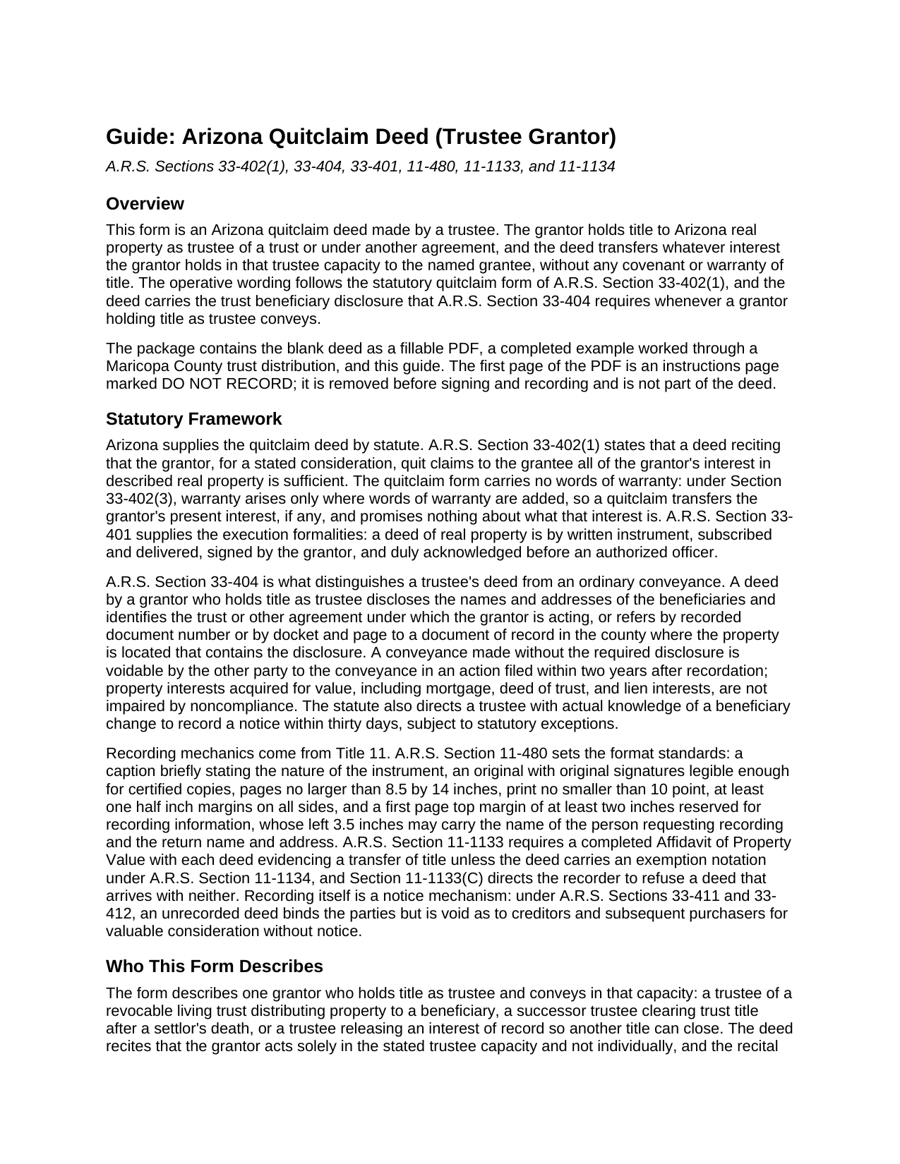 Pima County Quitclaim Deed (Trustee Grantor) Guide