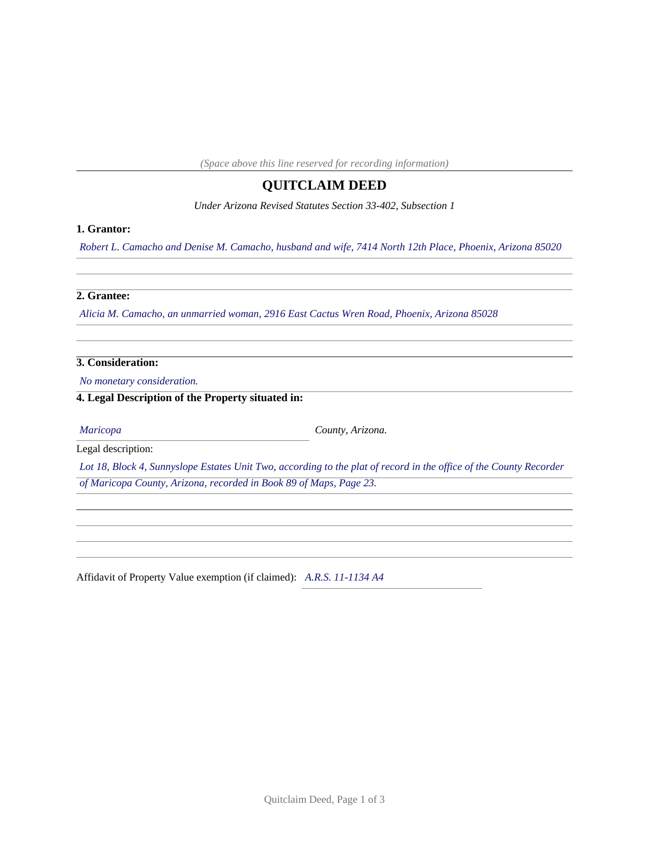 Gila County Completed Example of the Quitclaim Deed Document