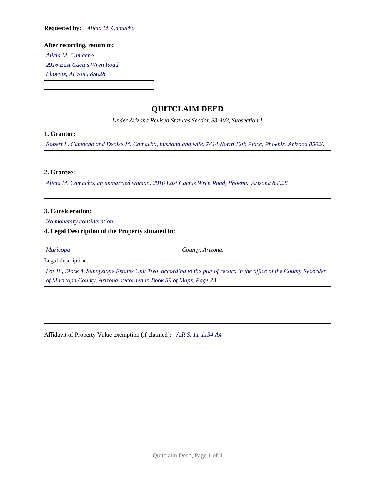 Gila County Completed Example of the Quitclaim Deed Document