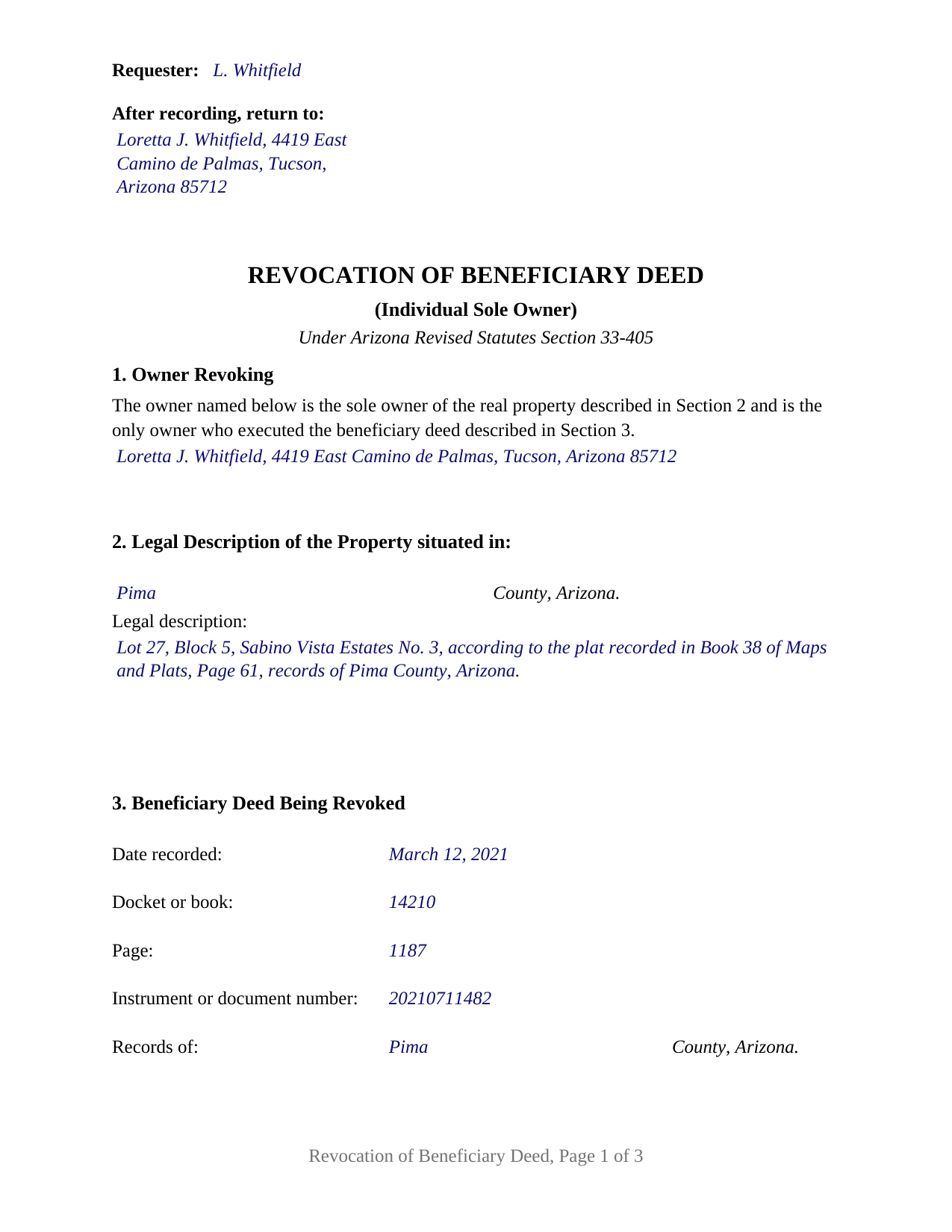 Graham County Completed Example of the Revocation of Beneficiary Deed (Individual Sole Owner) Document