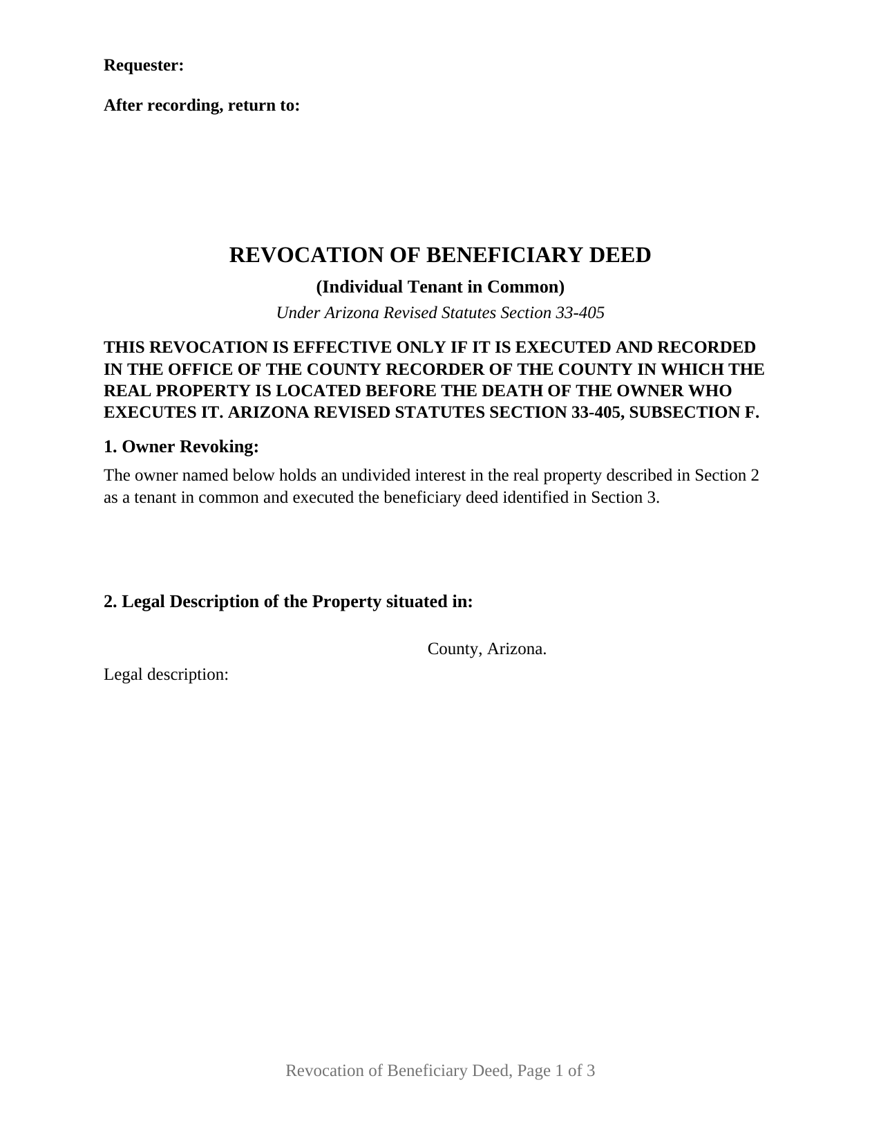 Yuma County Revocation of Beneficiary Deed (Individual Tenant in Common) Form
