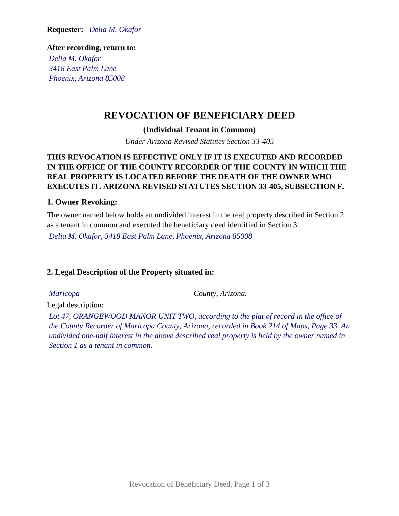 Yuma County Completed Example of the Revocation of Beneficiary Deed (Individual Tenant in Common) Document