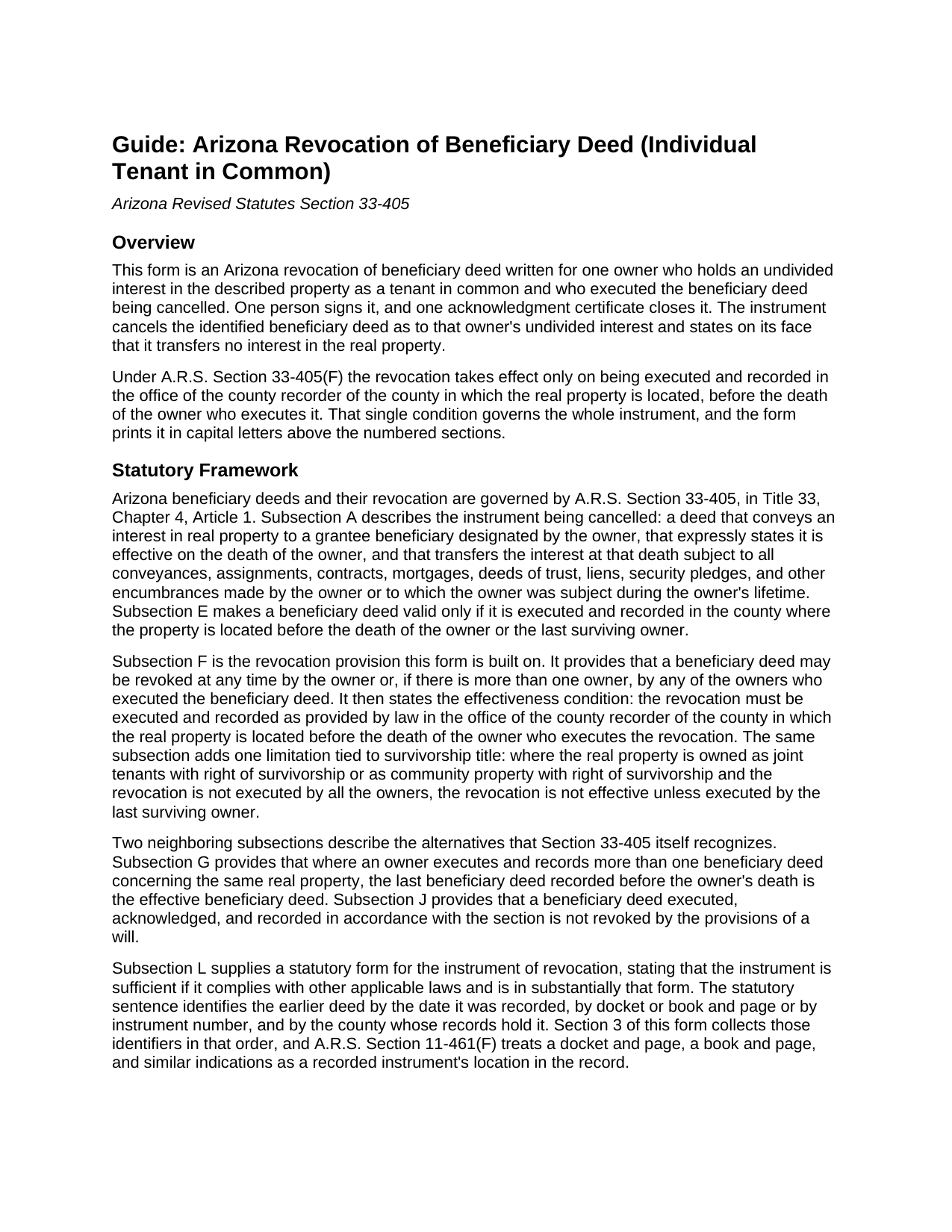 Yuma County Revocation of Beneficiary Deed (Individual Tenant in Common) Guide