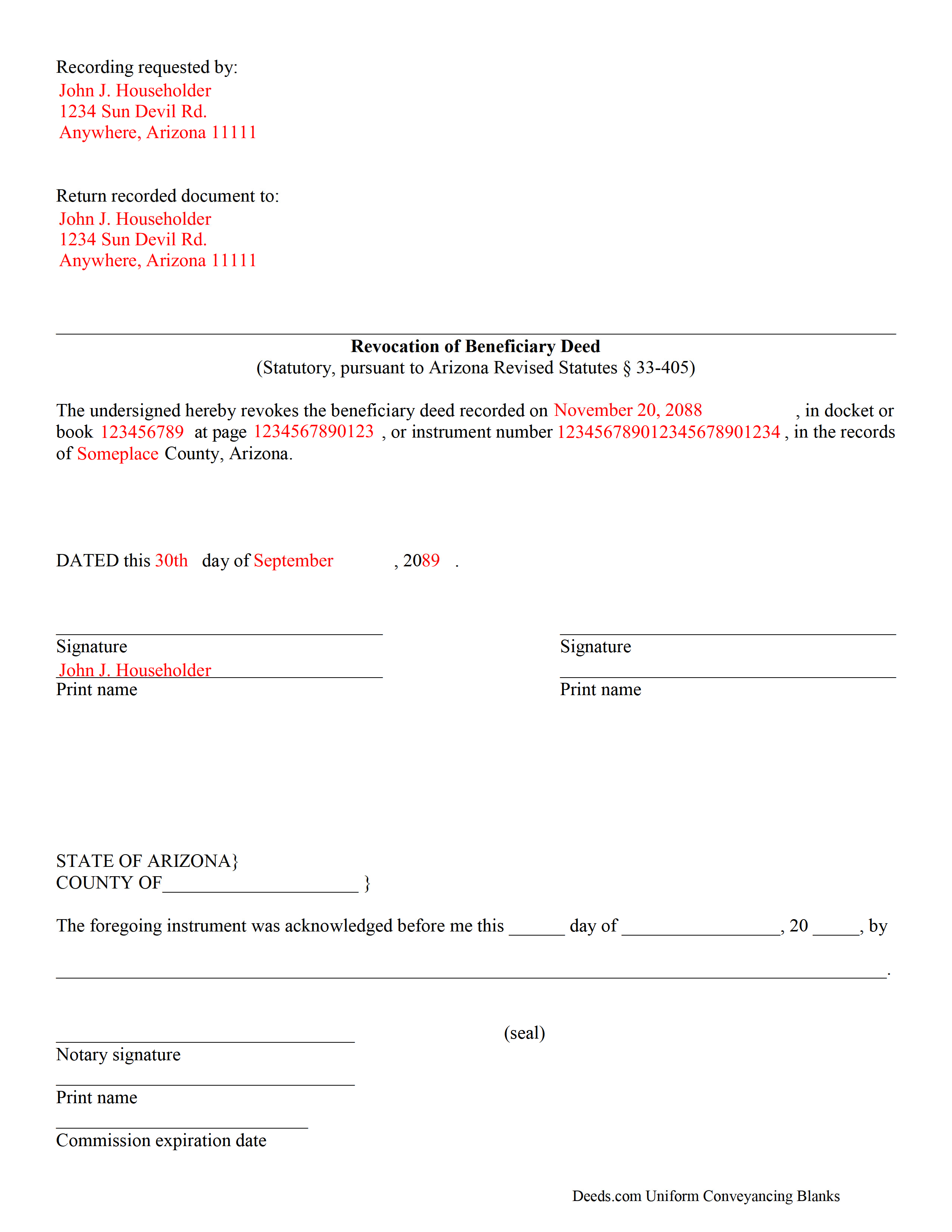 Completed Example of the Revocation of Beneficiary Deed Document