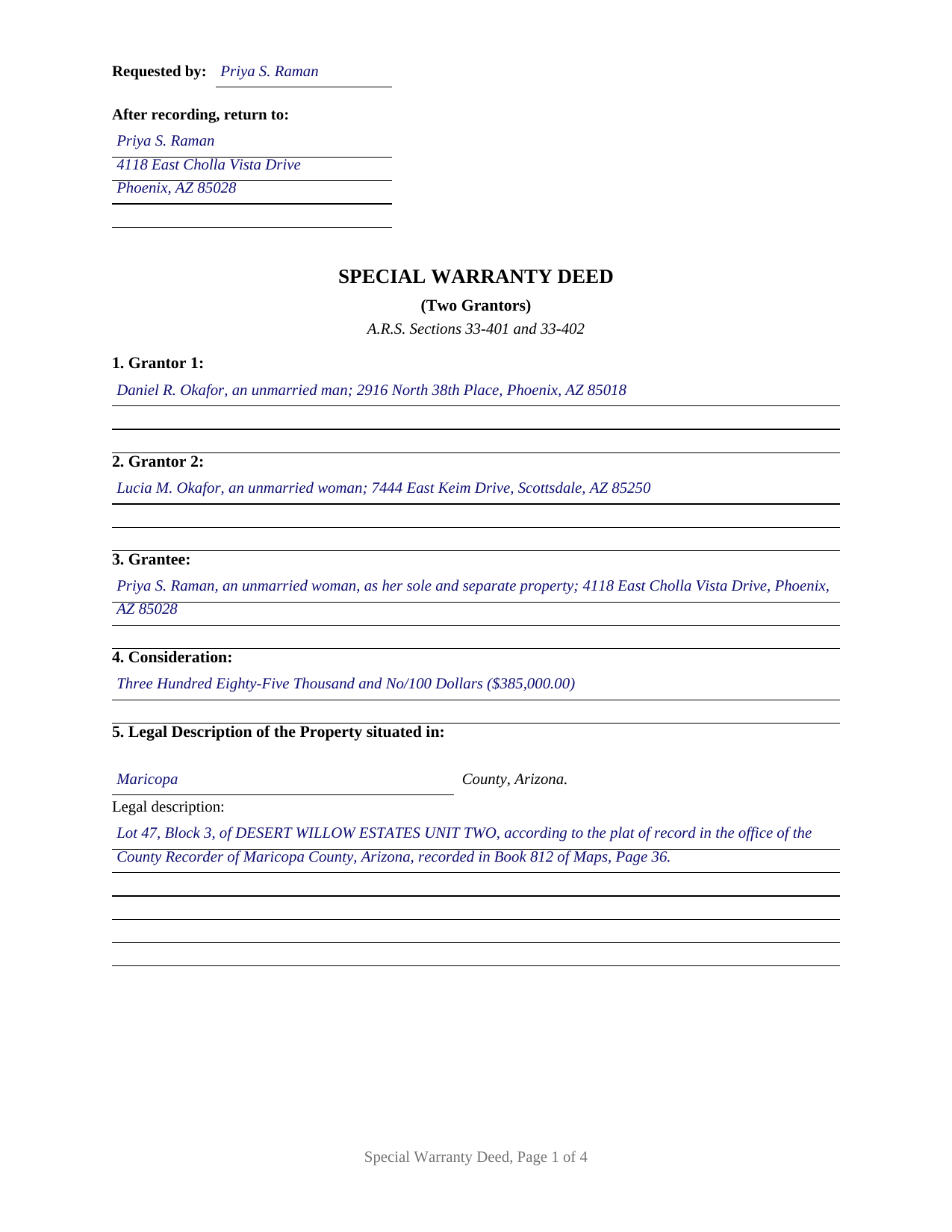 Apache County Completed Example of the Special Warranty Deed (Two Grantors) Document