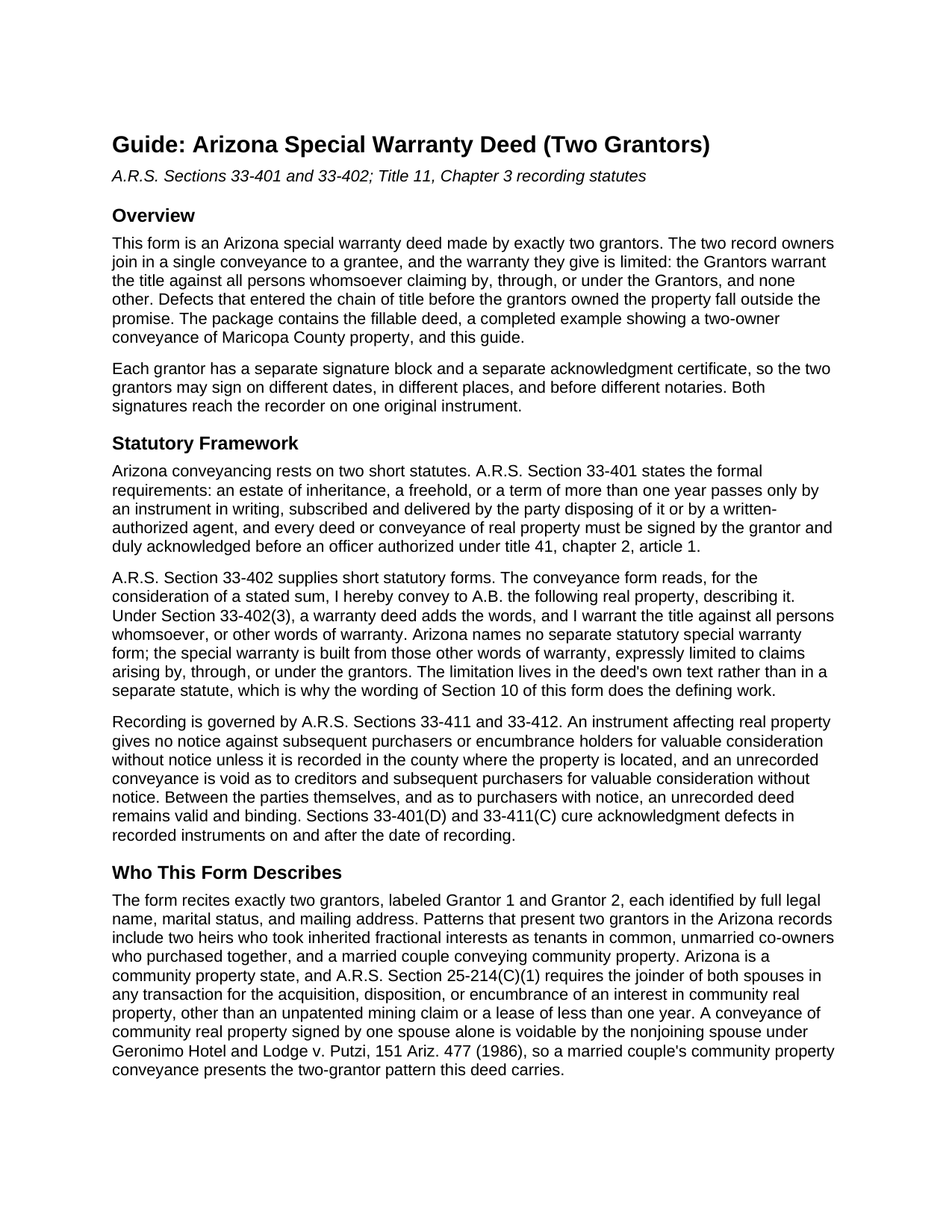 Apache County Special Warranty Deed (Two Grantors) Guide
