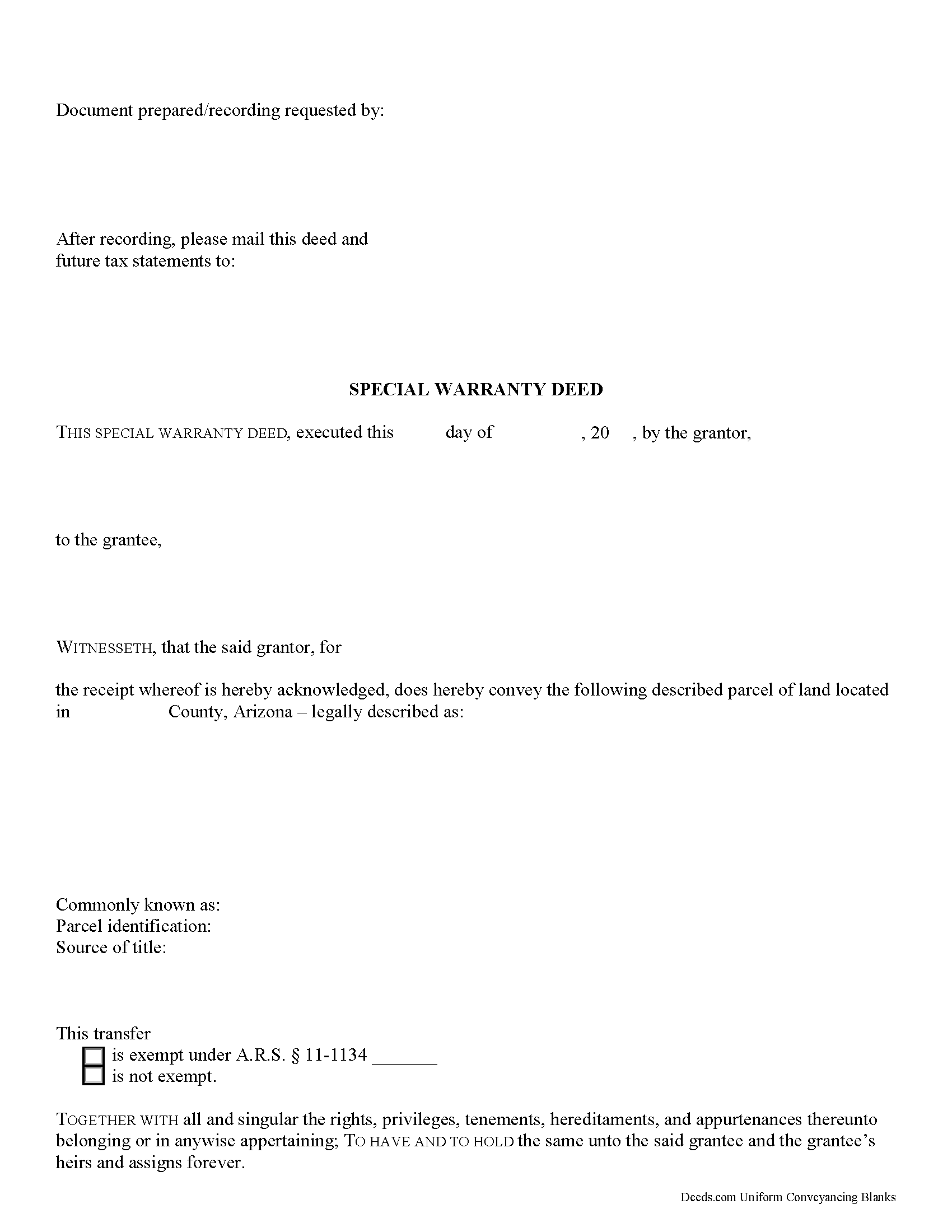 Pima County Special Warranty Deed Form