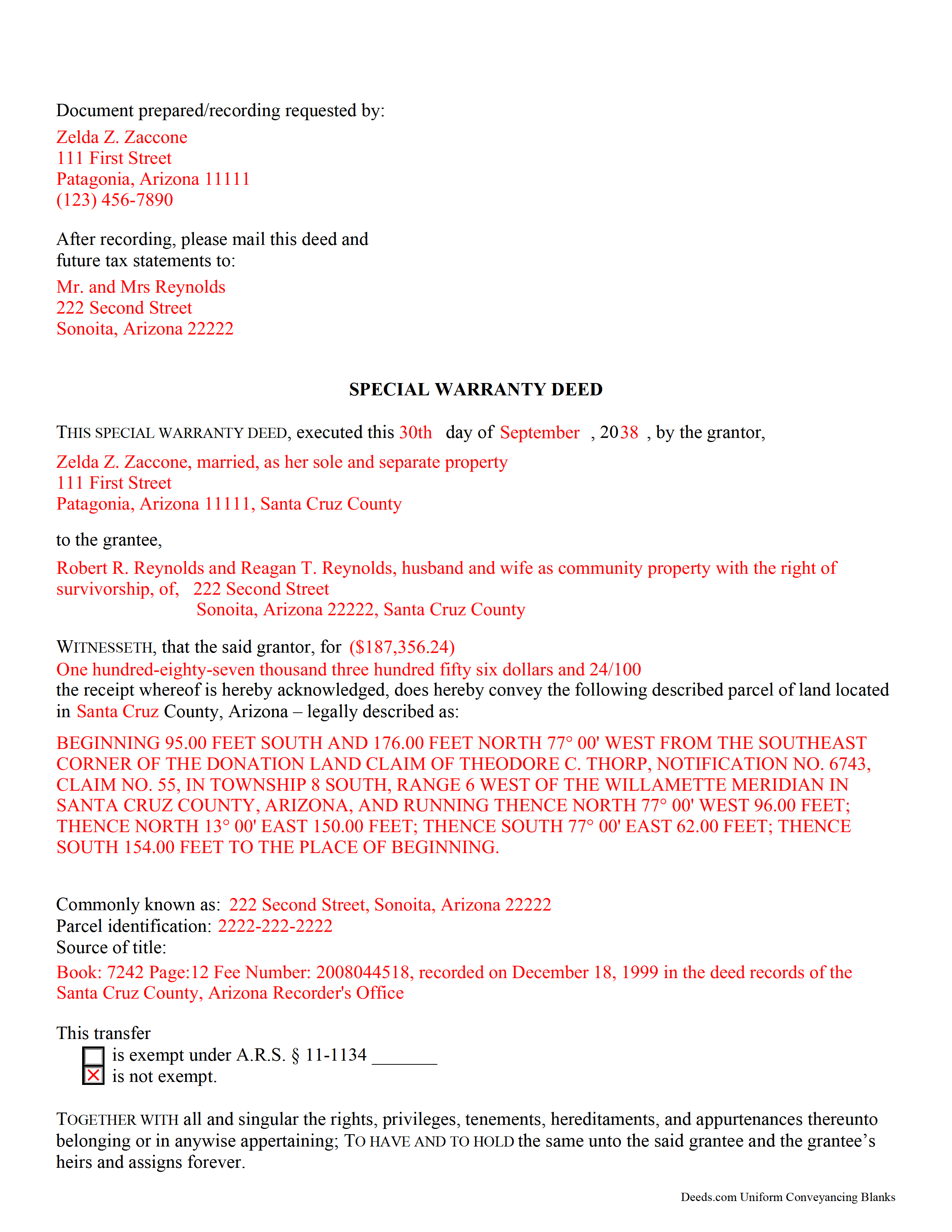 Pima County Completed Example of the Special Warranty Deed Document