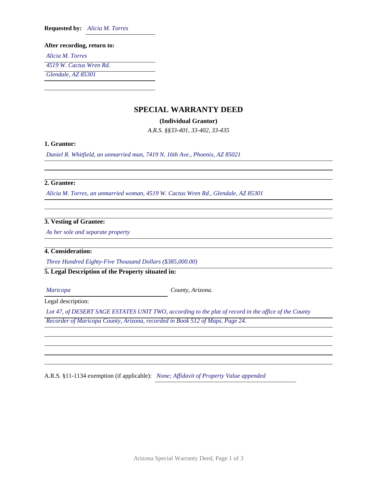 Santa Cruz County Completed Example of the Special Warranty Deed Document