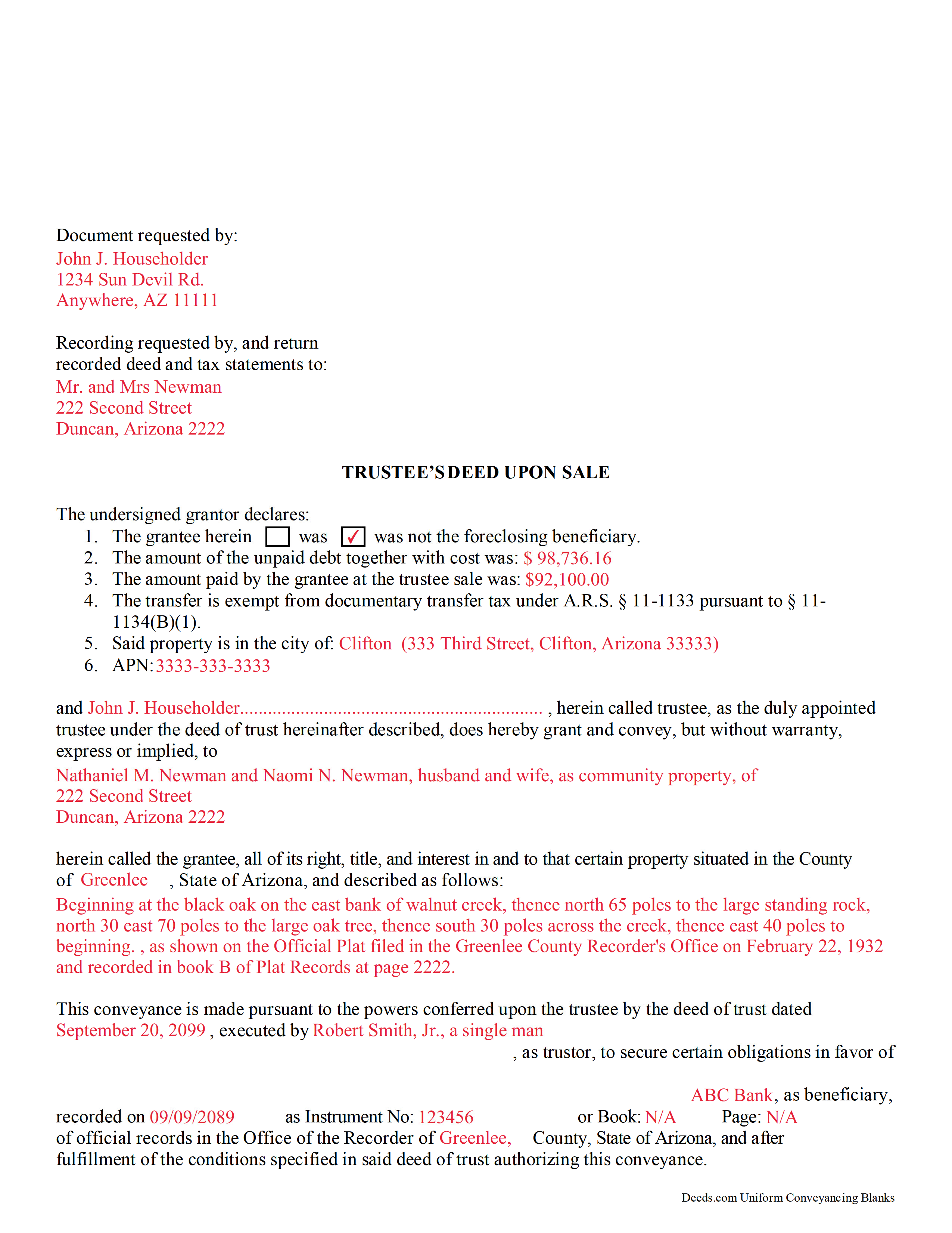 Completed Example of the Trustee Deed Document