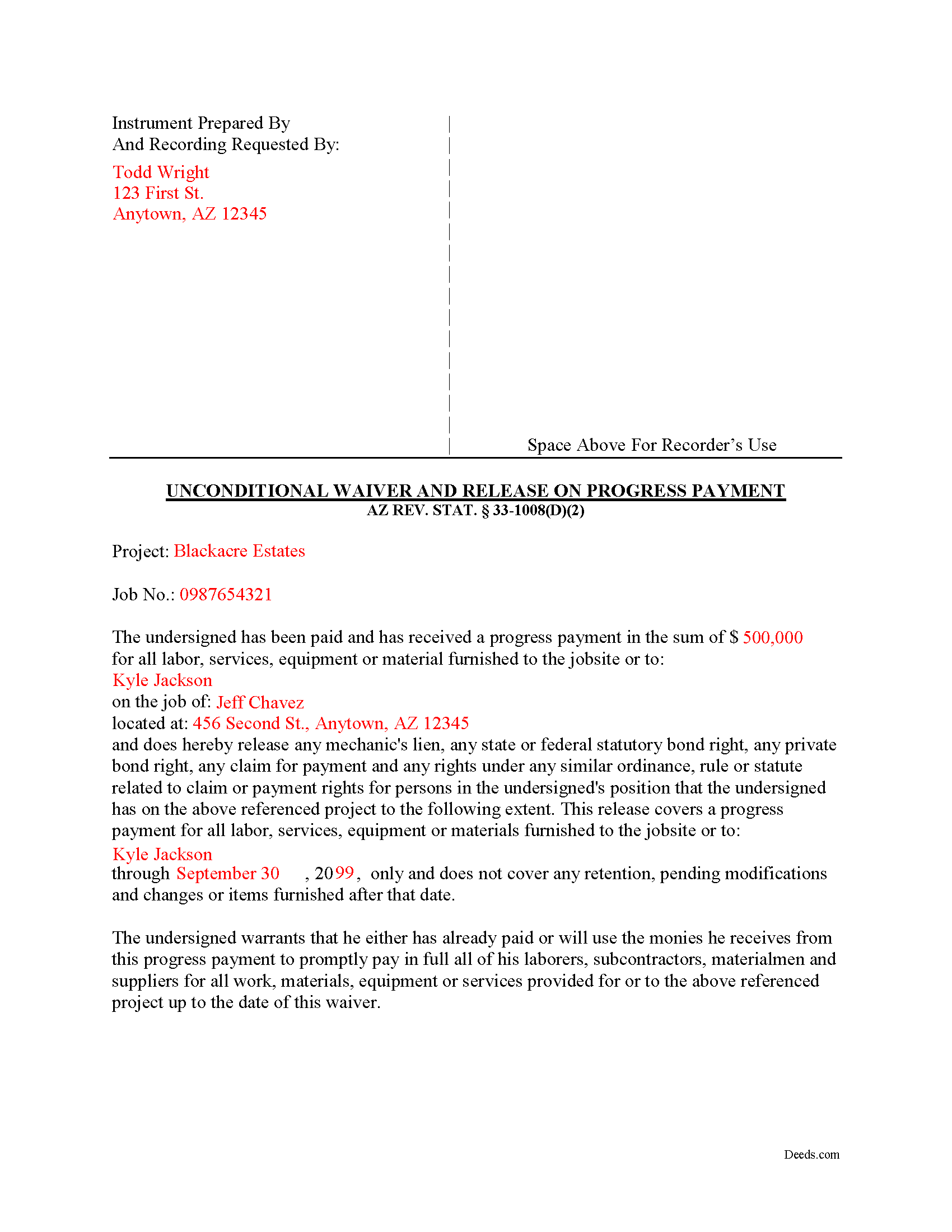 Completed Example of the Unconditional Lien Waiver on Progress Payment Document