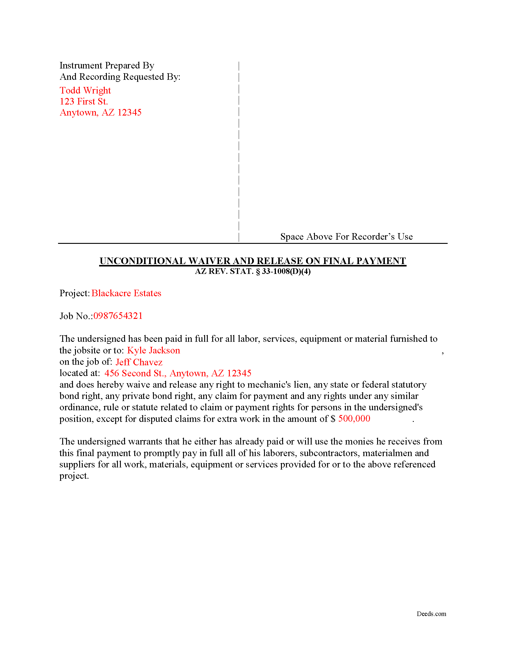 Completed Example of the Unconditional Waiver upon Final Payment Document