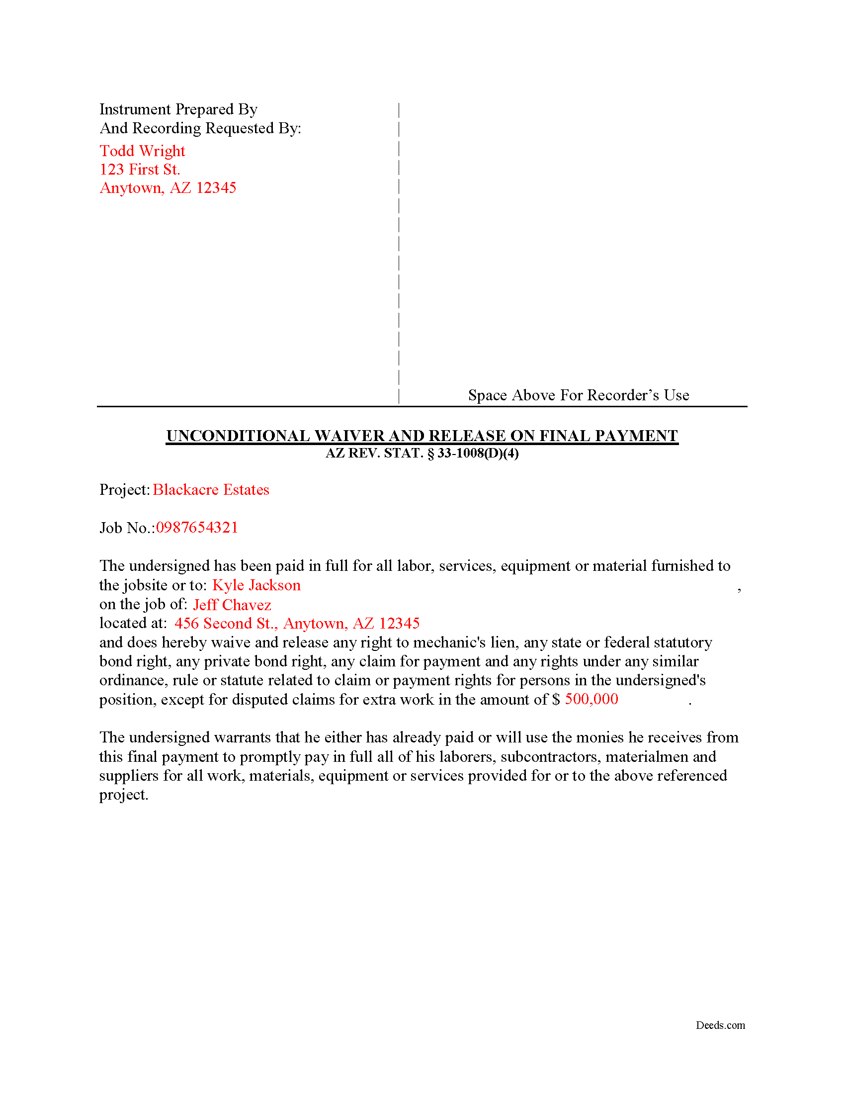 Maricopa County Completed Example of the Unconditional Waiver upon Final Payment Document